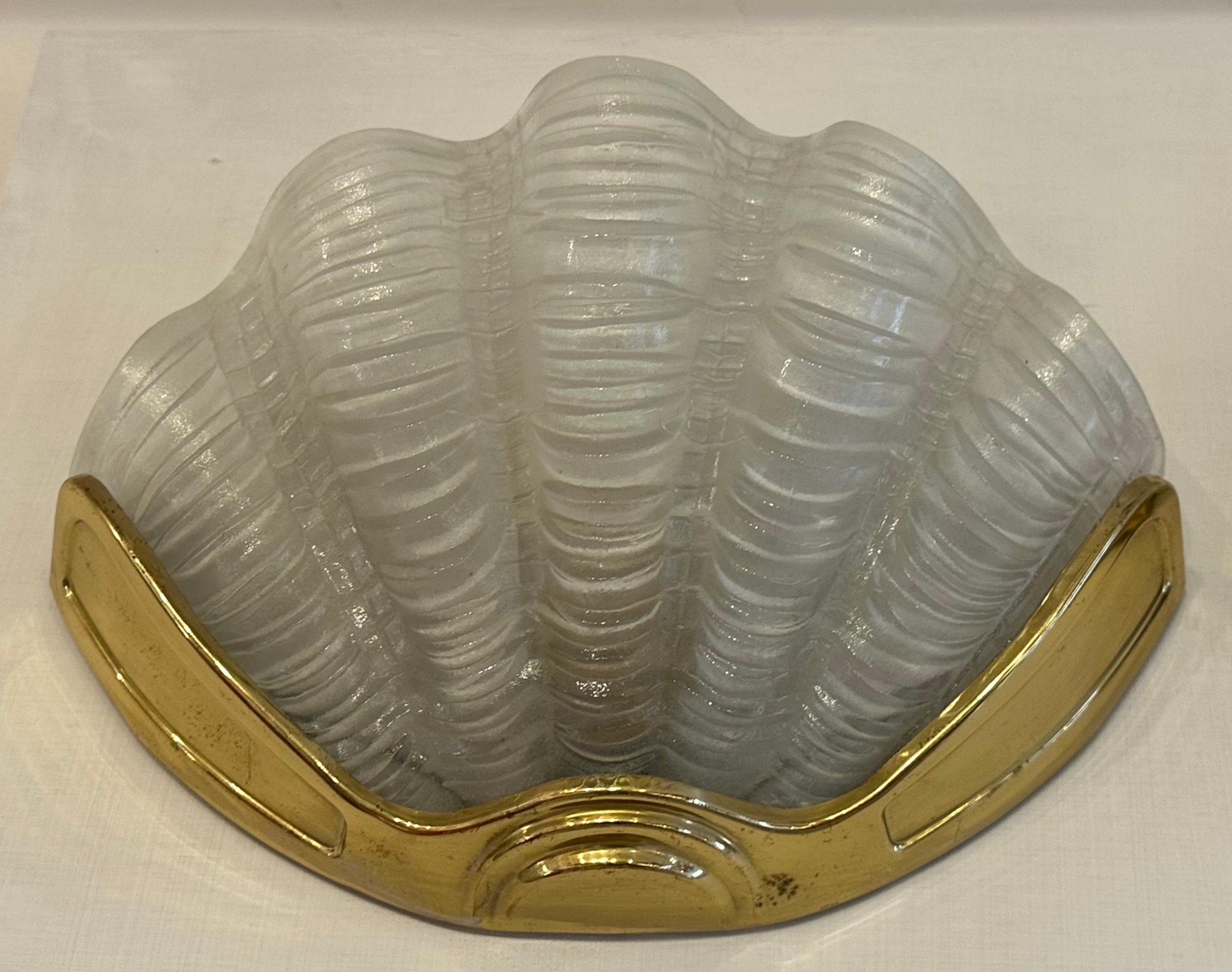 Pair of 1920s Art Deco Frosted Glass Clam & Brass Shell Wall Lights or Sconces 8