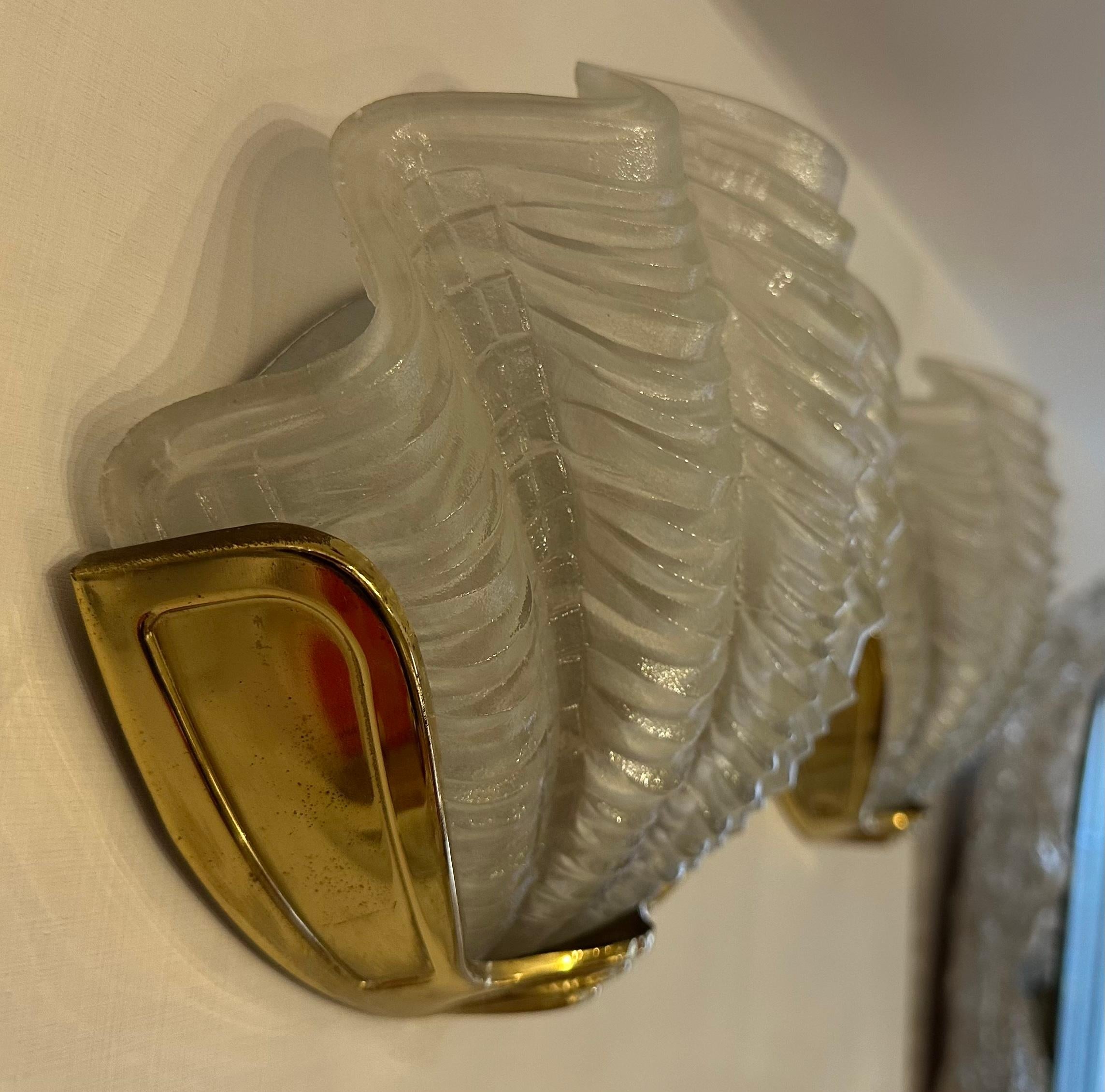 Pair of 1920s Art Deco Frosted Glass Clam & Brass Shell Wall Lights or Sconces 9