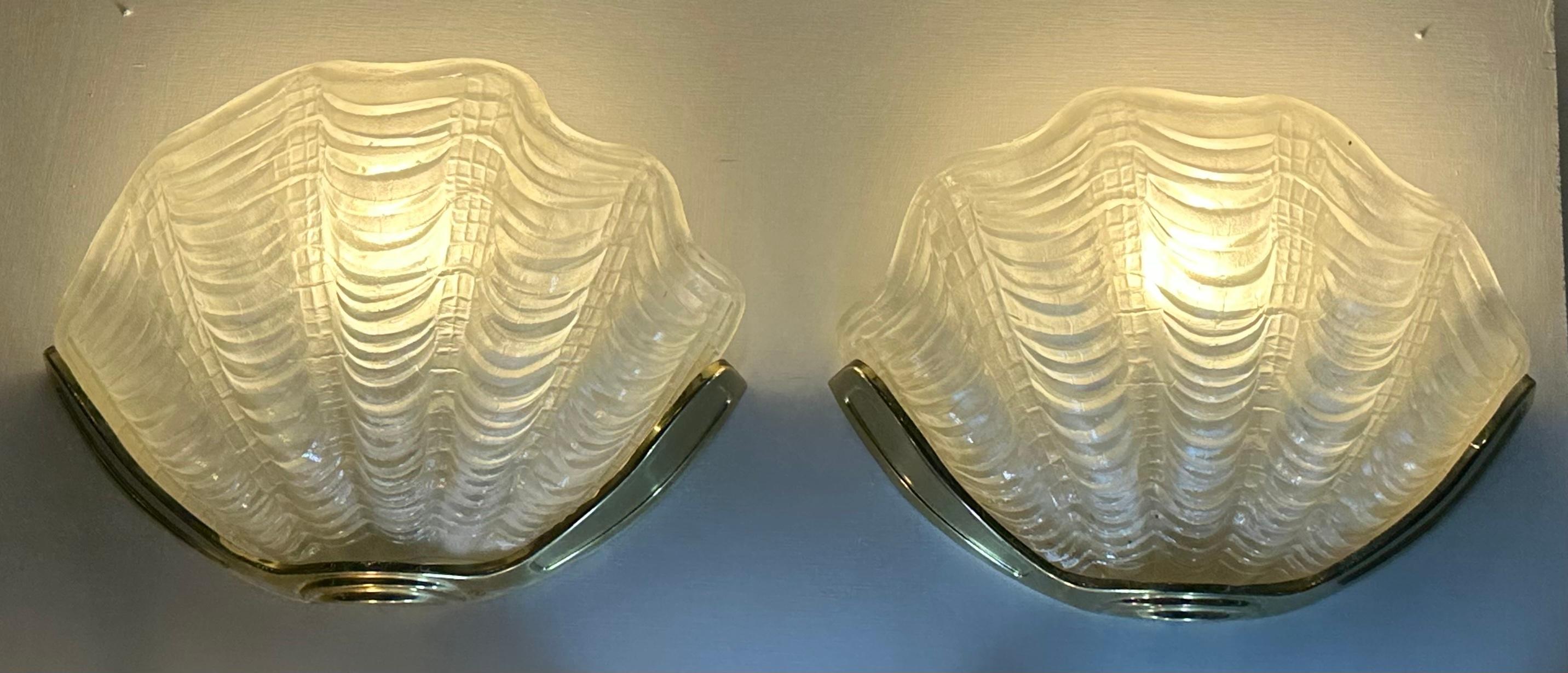 British Pair of 1920s Art Deco Frosted Glass Clam & Brass Shell Wall Lights or Sconces