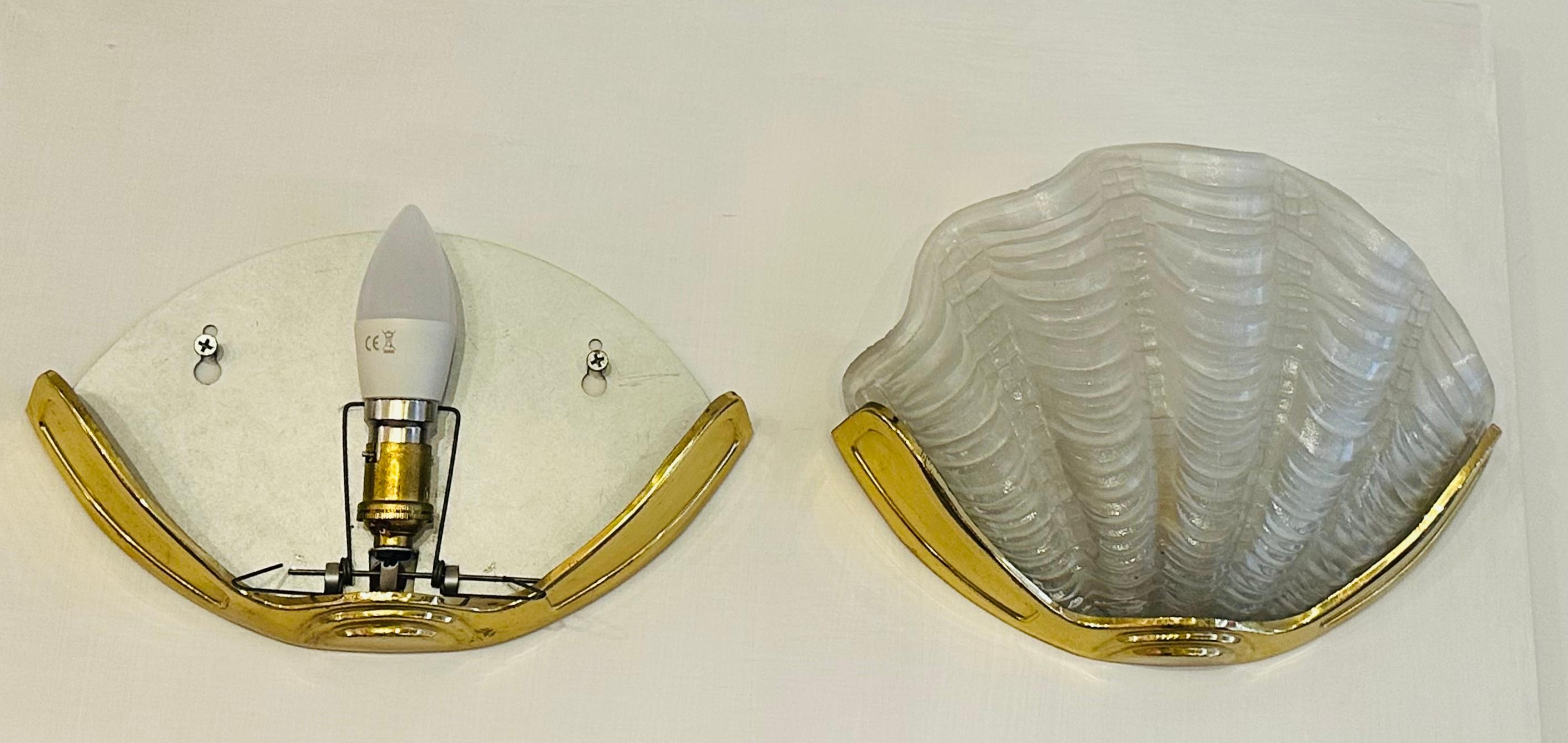 Pair of 1920s Art Deco Frosted Glass Clam & Brass Shell Wall Lights or Sconces 2