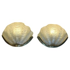 Antique Pair of 1920s Art Deco Frosted Glass Clam & Brass Shell Wall Lights or Sconces