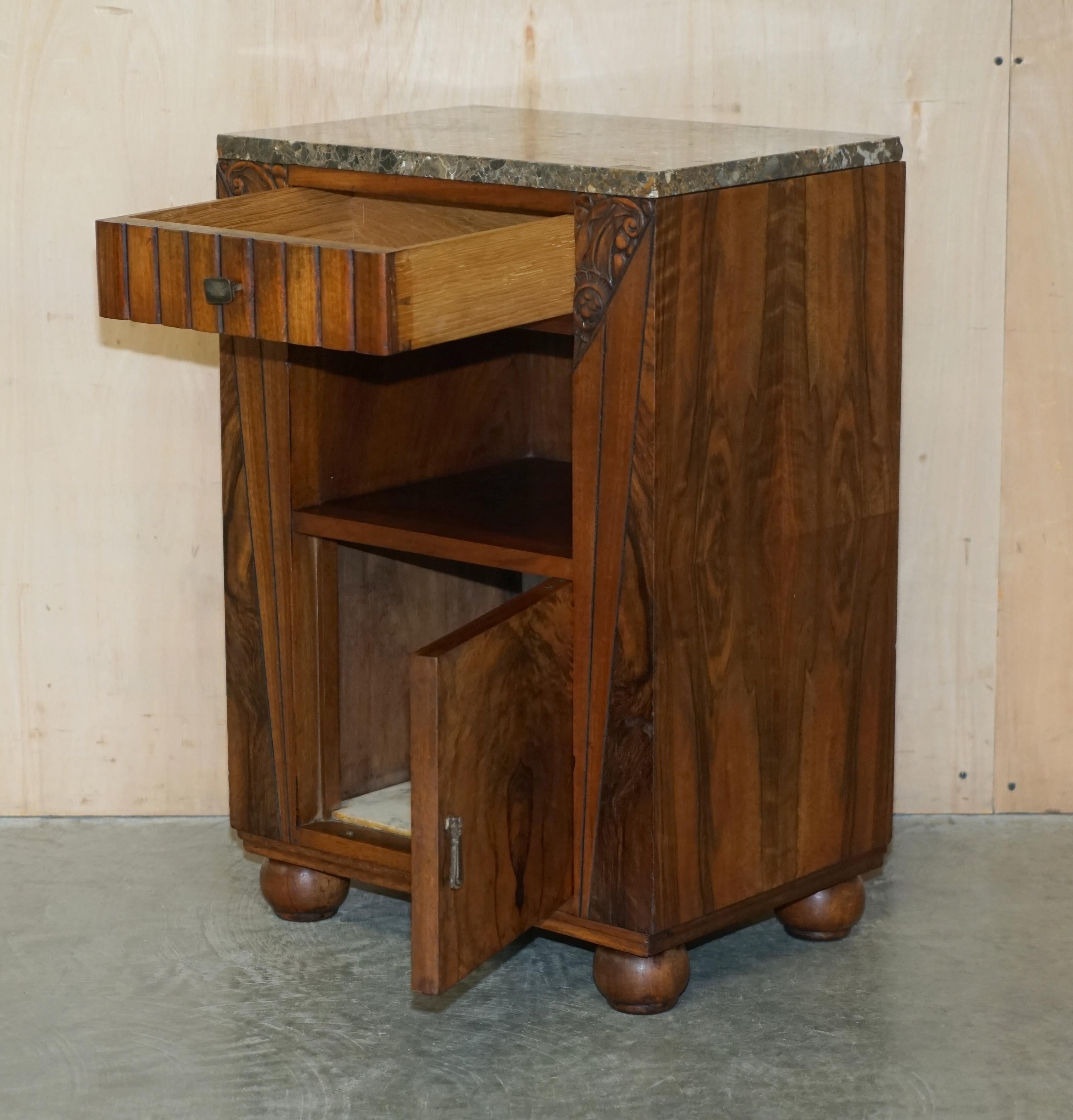 Pair of 1920s Art Deco Hardwood & Marble Bedside Nightstands Side Lamp Tables For Sale 13