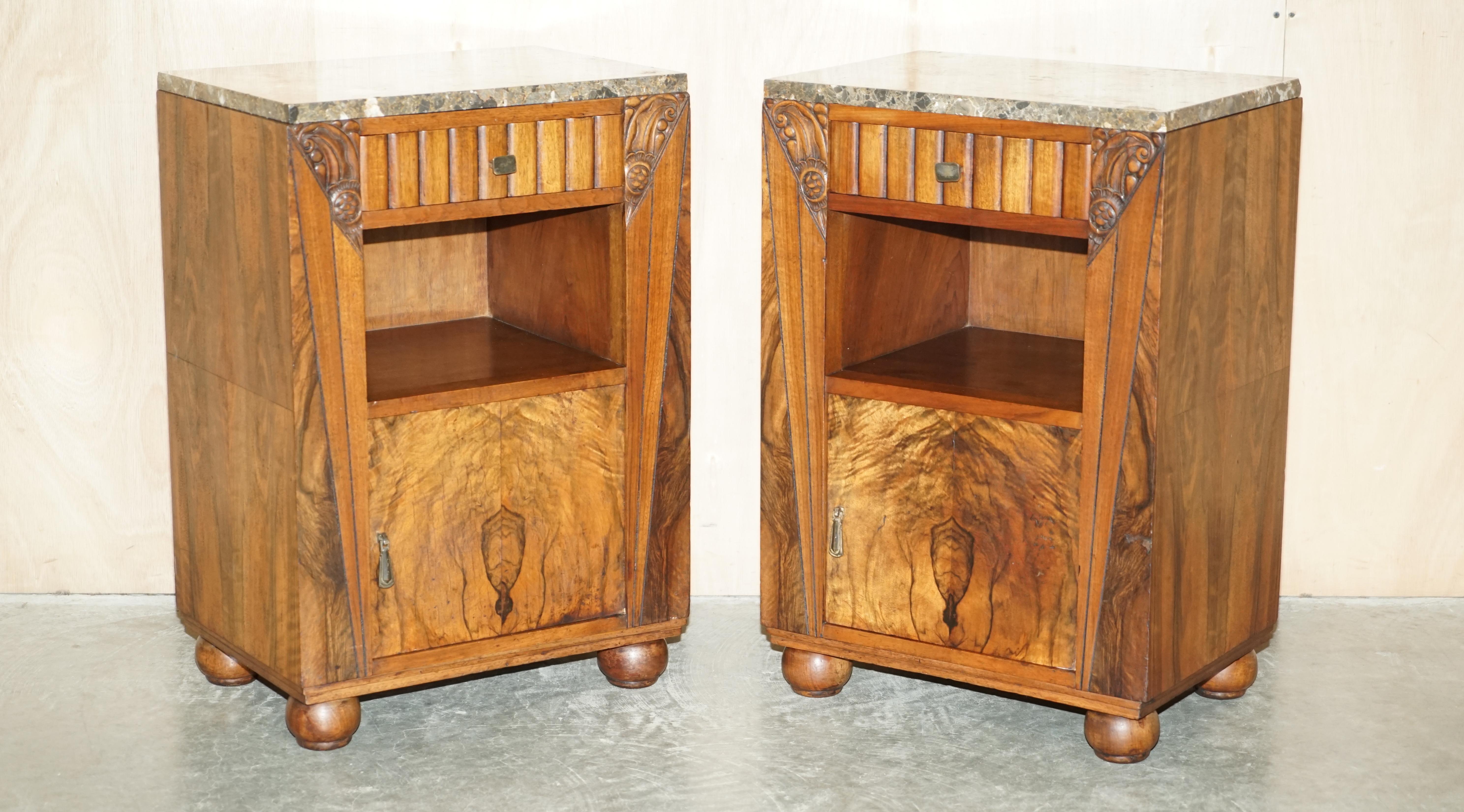 We are delighted to offer for sale this sublime pair of original Art Deco circa 1920 Rosewood & Marble Bedside, Side End tables 

A truly stunning and well made pair, they are as Art Deco as they come, beautifully sculpted frames in Brazilian