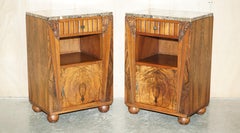 Pair of 1920s Art Deco Hardwood & Marble Bedside Nightstands Side Lamp Tables