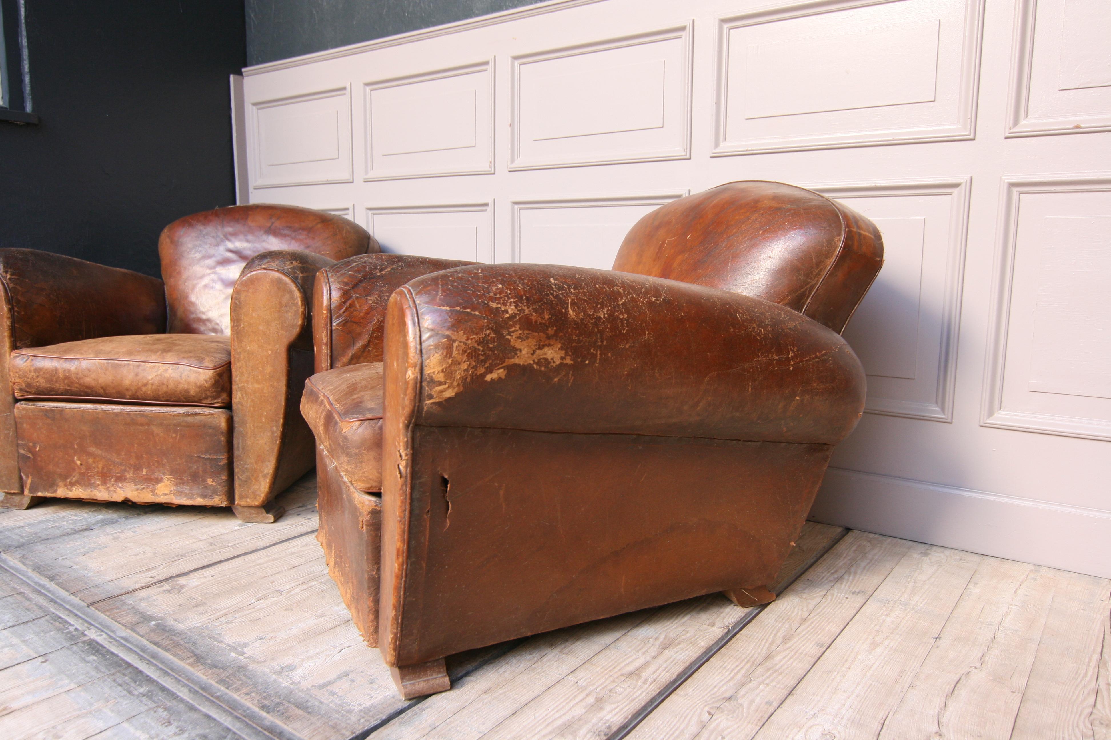 French Pair of 1920s Art Deco Leather Club Chairs