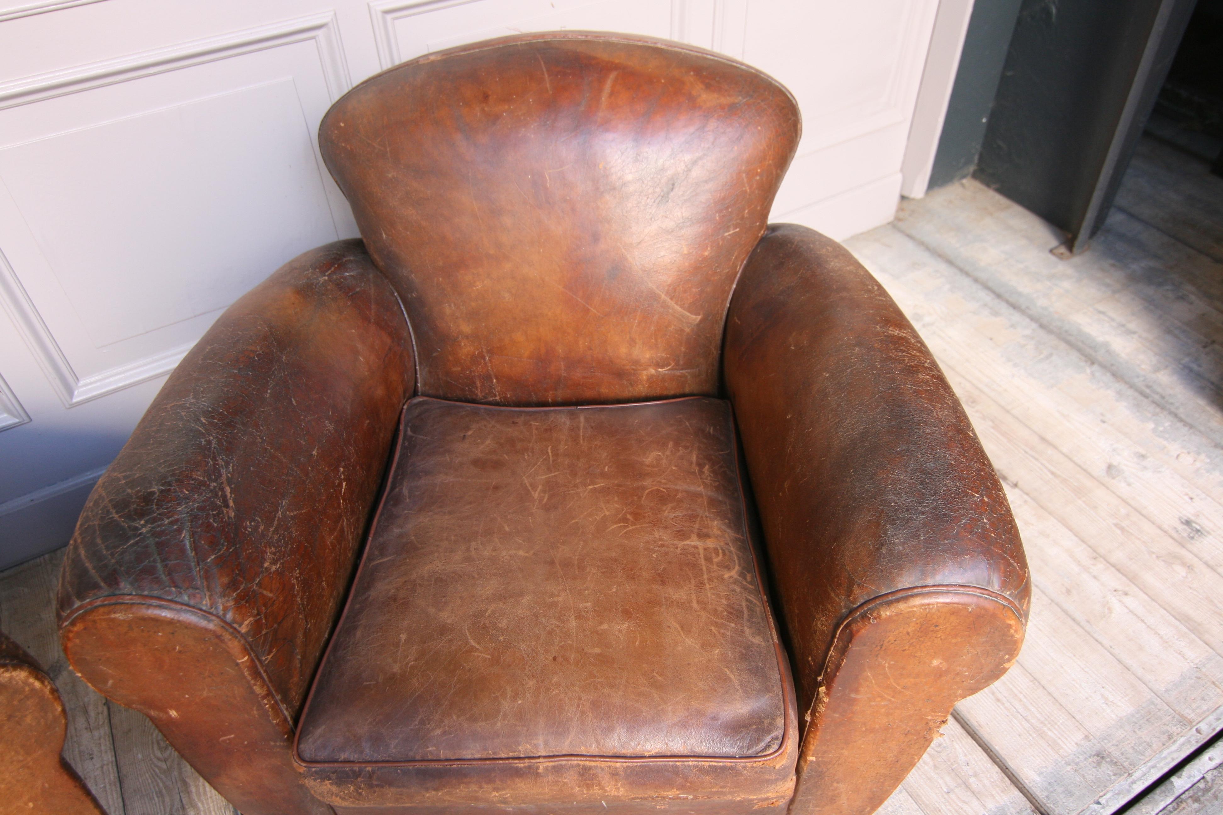 Early 20th Century Pair of 1920s Art Deco Leather Club Chairs