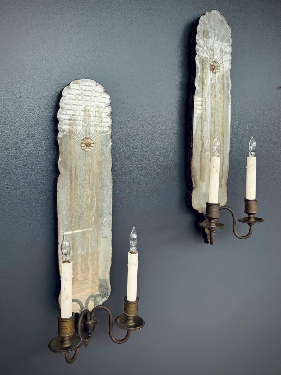 American Pair of 1920’s Art Deco Mirrored Bronze Sconces For Sale