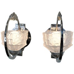 Pair of 1920s Art Deco Nickel and Glass Wall Sconces by Daum