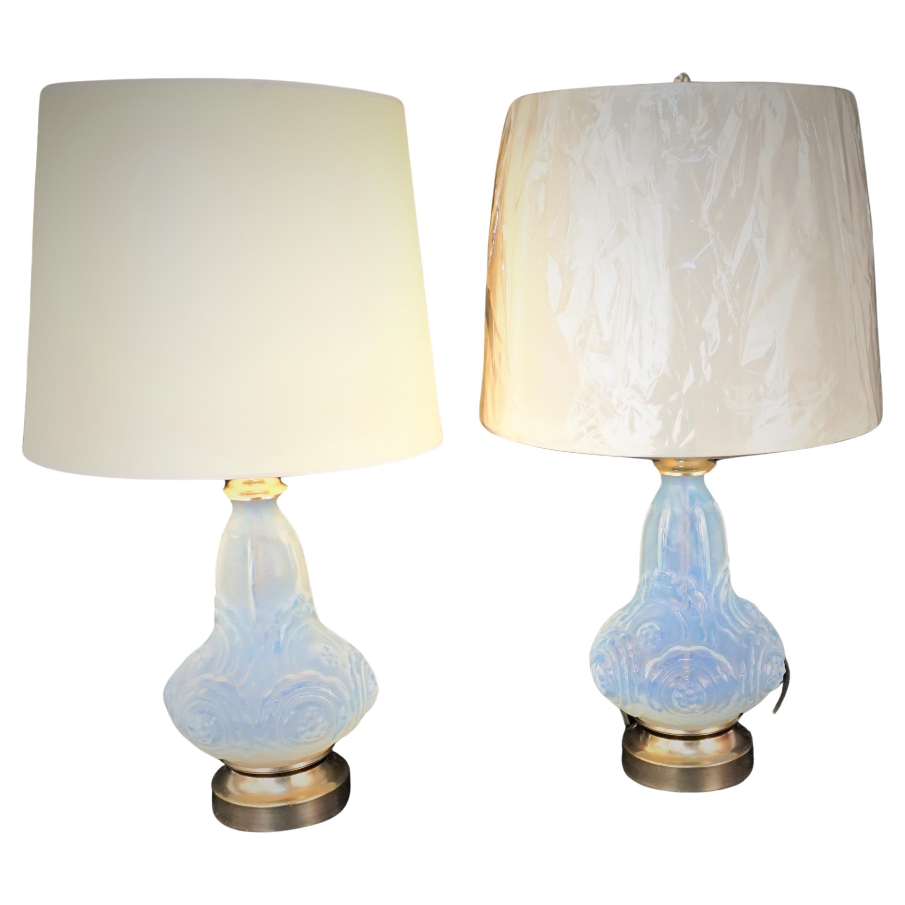 Pair of 1920's Art Deco Opaline Glass Table Lamps For Sale