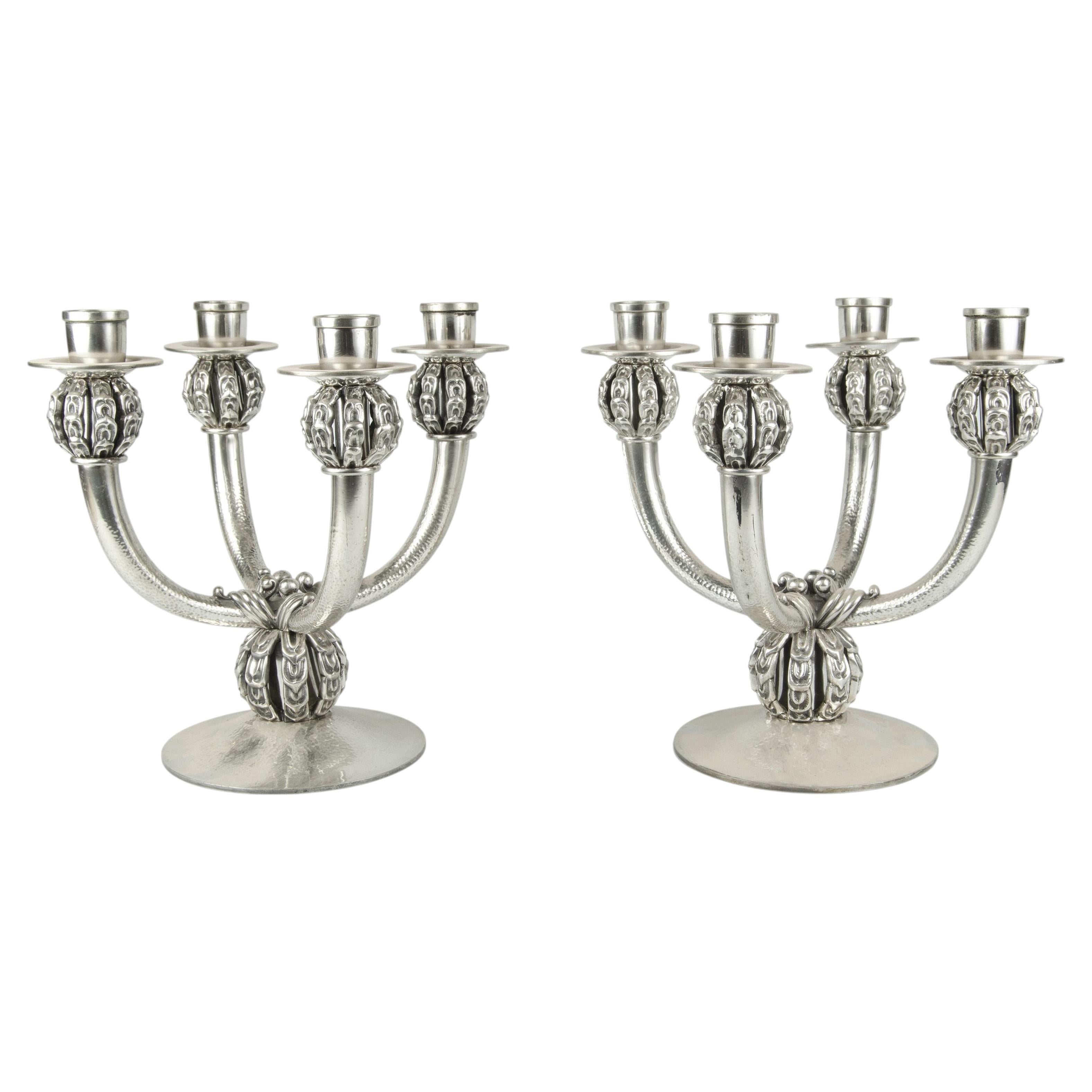 Pair of 1920s Art Déco Polished Silvered Bronze 4-Arms Candelabras, France