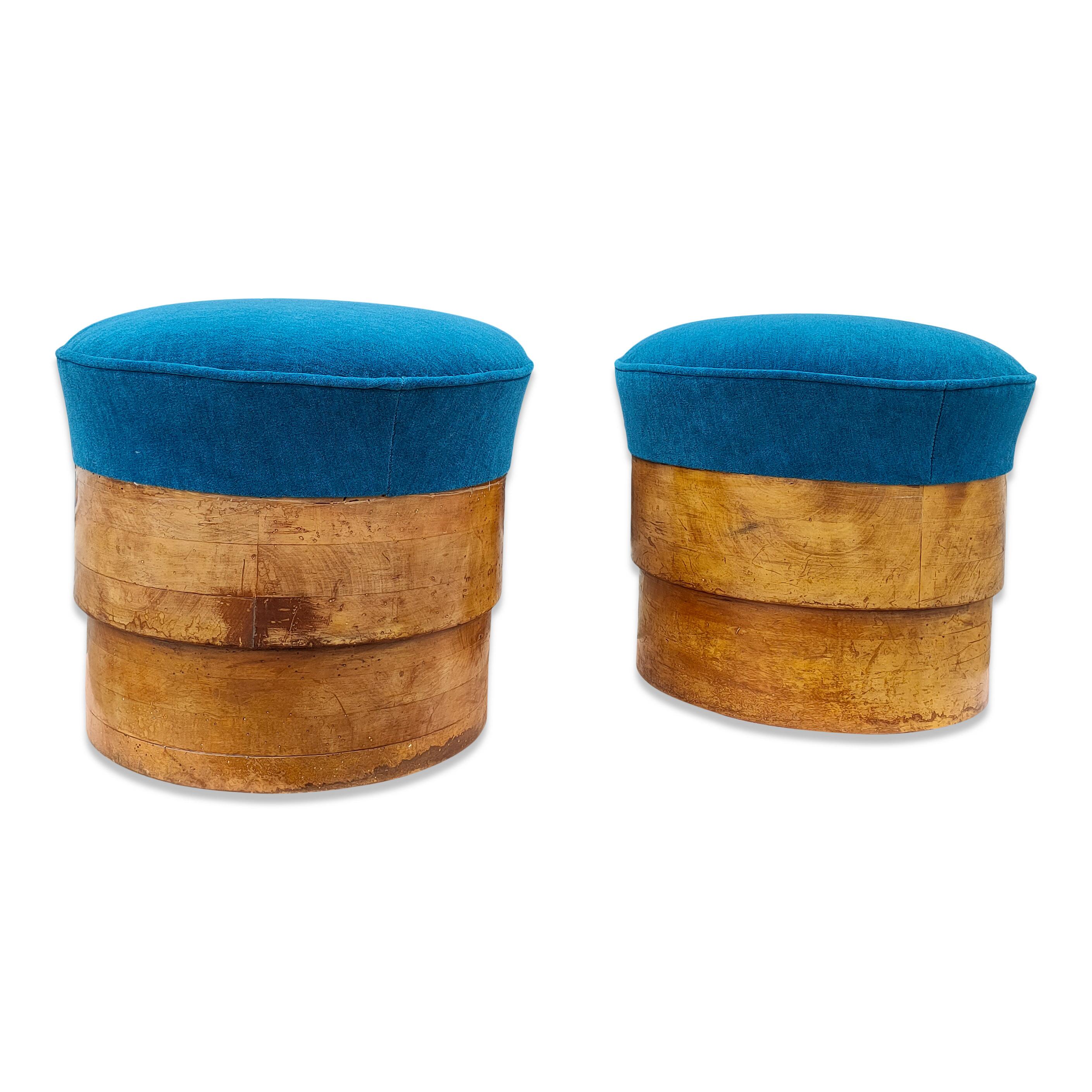 Pair of 1920's Art Deco Solid Fruitwood and Blue Mohair Stools, France, 1920's 5