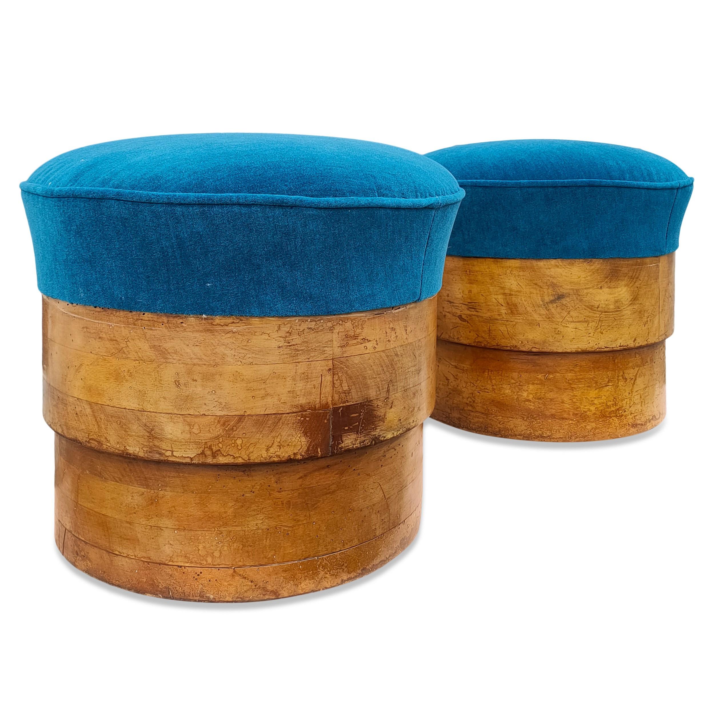 Pair of 1920's Art Deco Solid Fruitwood and Blue Mohair Stools, France, 1920's 6