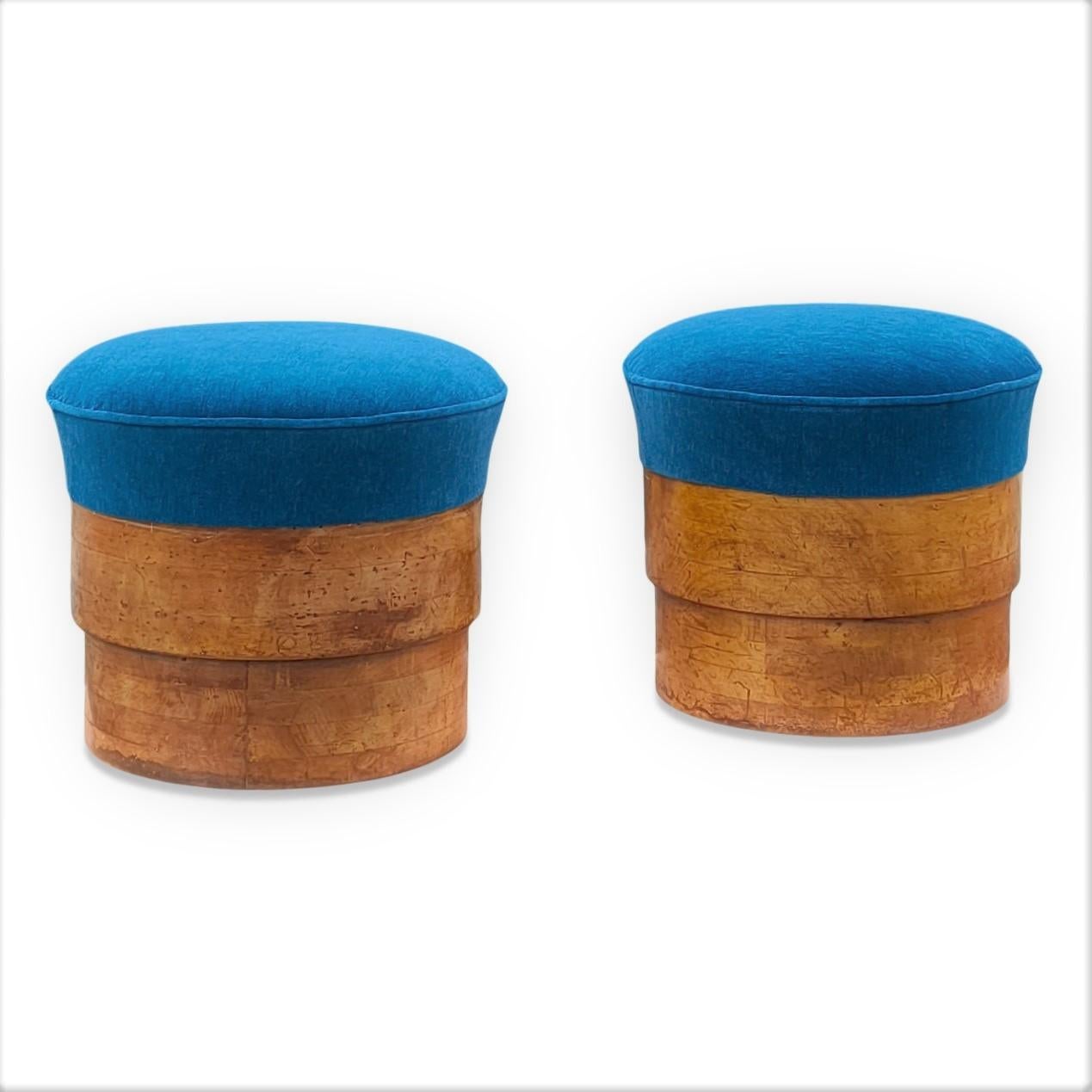 French Pair of 1920's Art Deco Solid Fruitwood and Blue Mohair Stools, France, 1920's