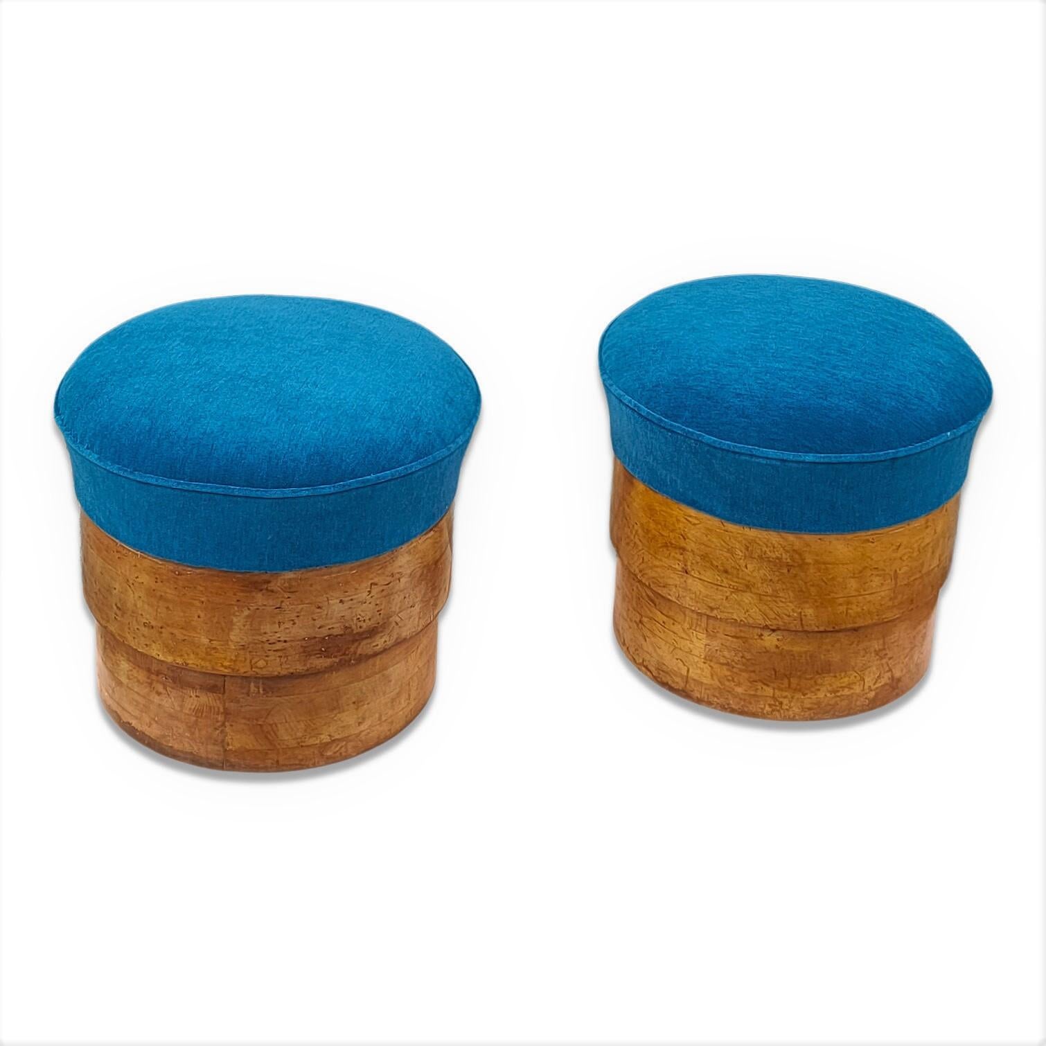 Pair of 1920's Art Deco Solid Fruitwood and Blue Mohair Stools, France, 1920's In Good Condition In New York, NY
