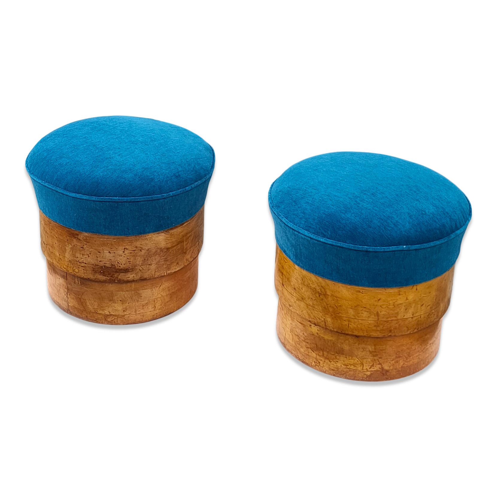 Early 20th Century Pair of 1920's Art Deco Solid Fruitwood and Blue Mohair Stools, France, 1920's