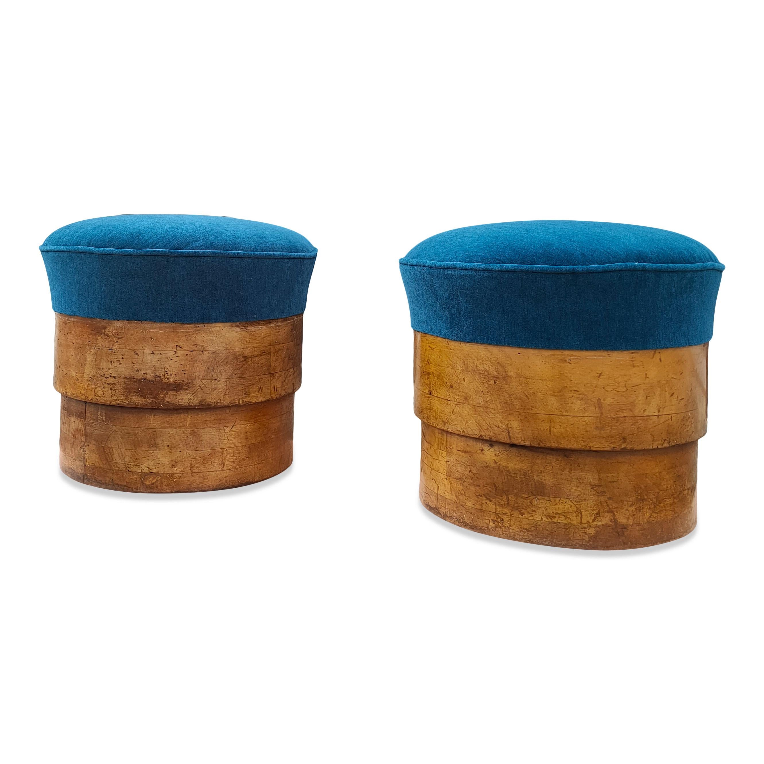 Pair of 1920's Art Deco Solid Fruitwood and Blue Mohair Stools, France, 1920's 1