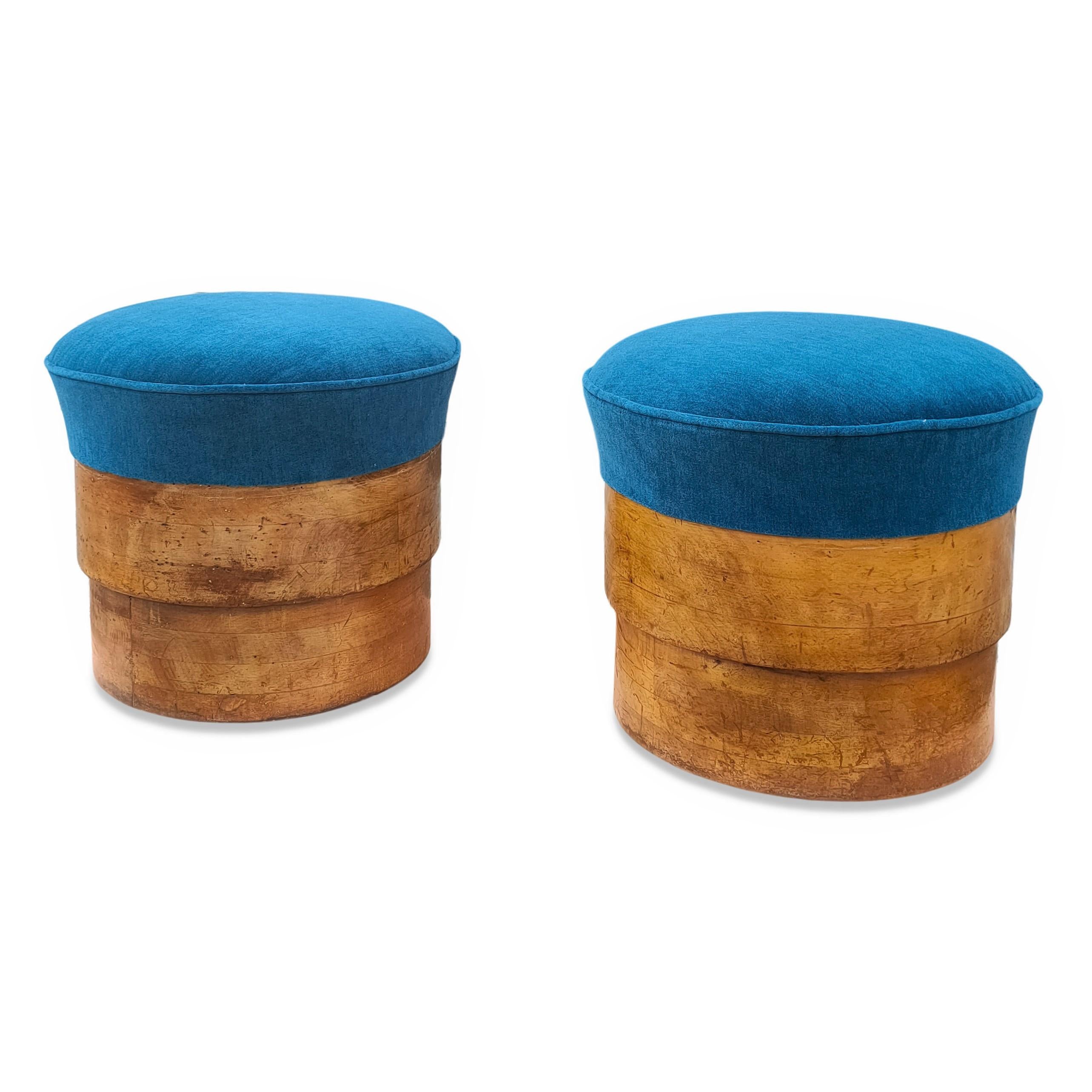 Pair of 1920's Art Deco Solid Fruitwood and Blue Mohair Stools, France, 1920's 2