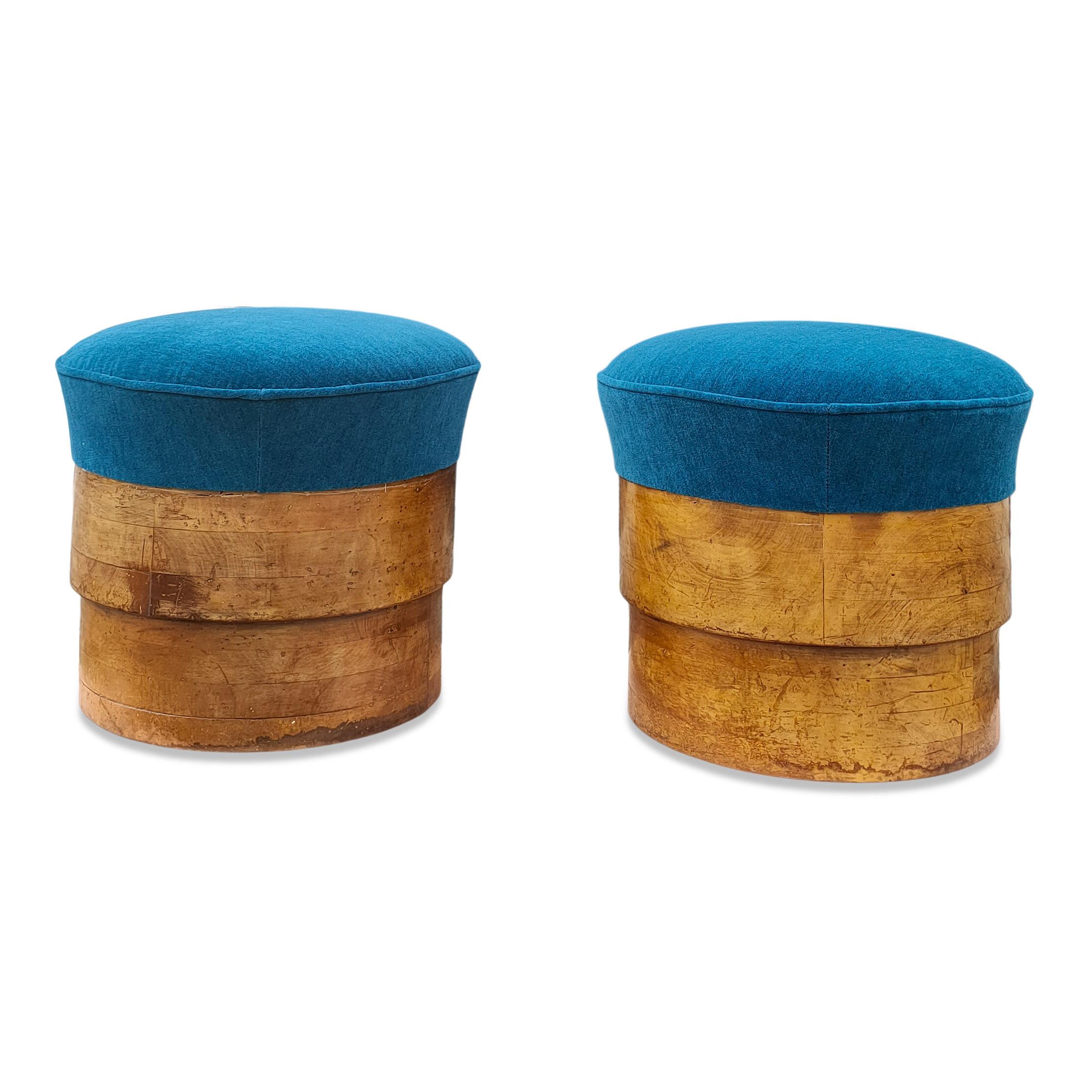 Pair of 1920's Art Deco Solid Fruitwood and Blue Mohair Stools, France, 1920's 4