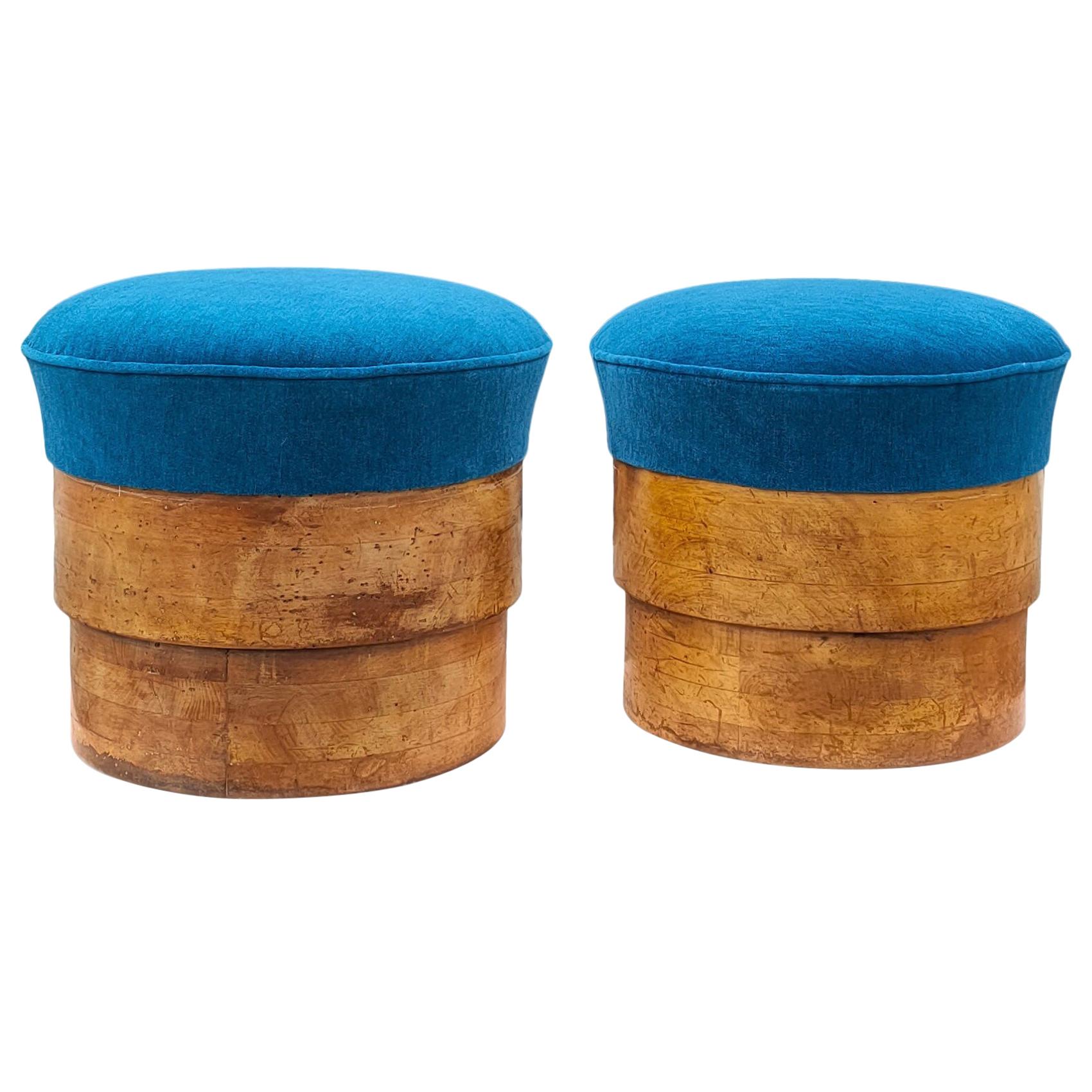 Pair of 1920's Art Deco Solid Fruitwood and Blue Mohair Stools, France, 1920's