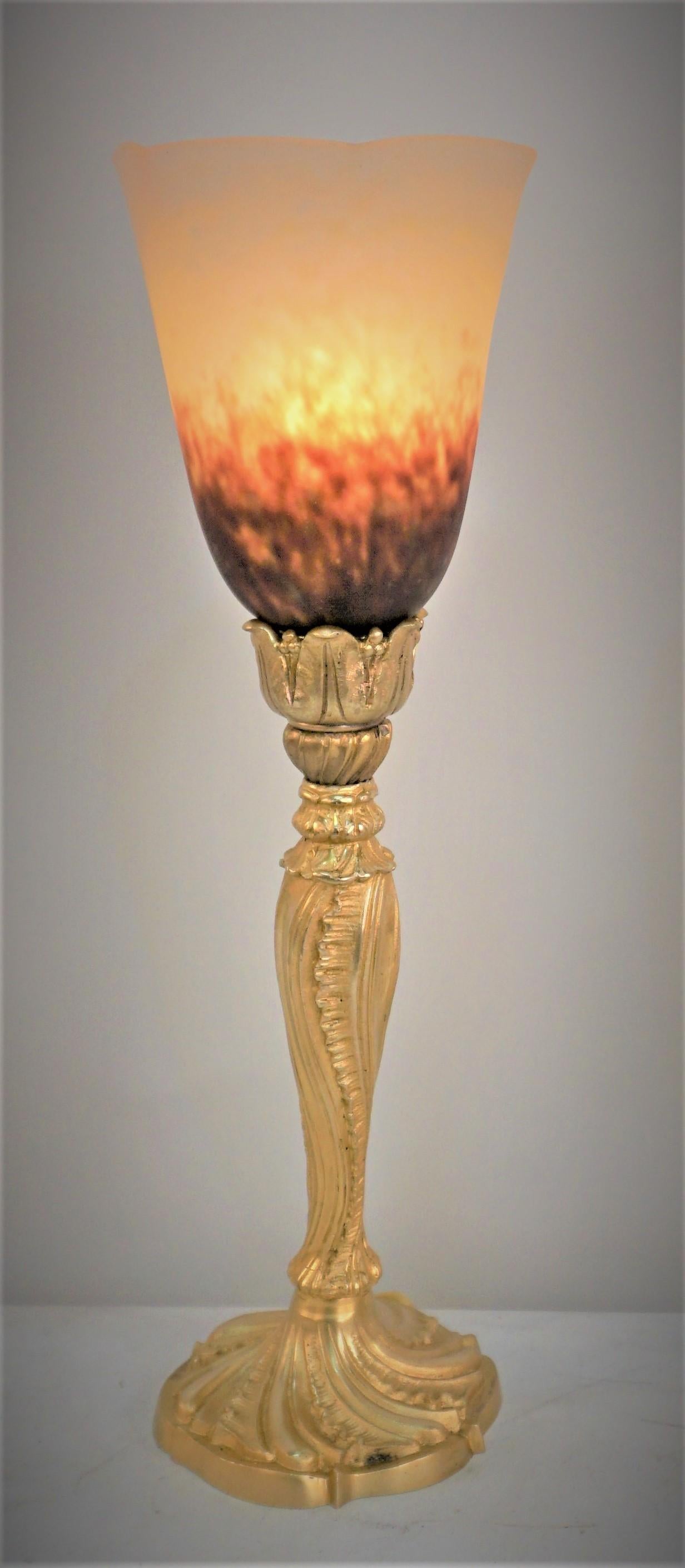 French Pair of 1920's Art Glass and Gilt Bronze Table Lamp by Charles Schnider  For Sale