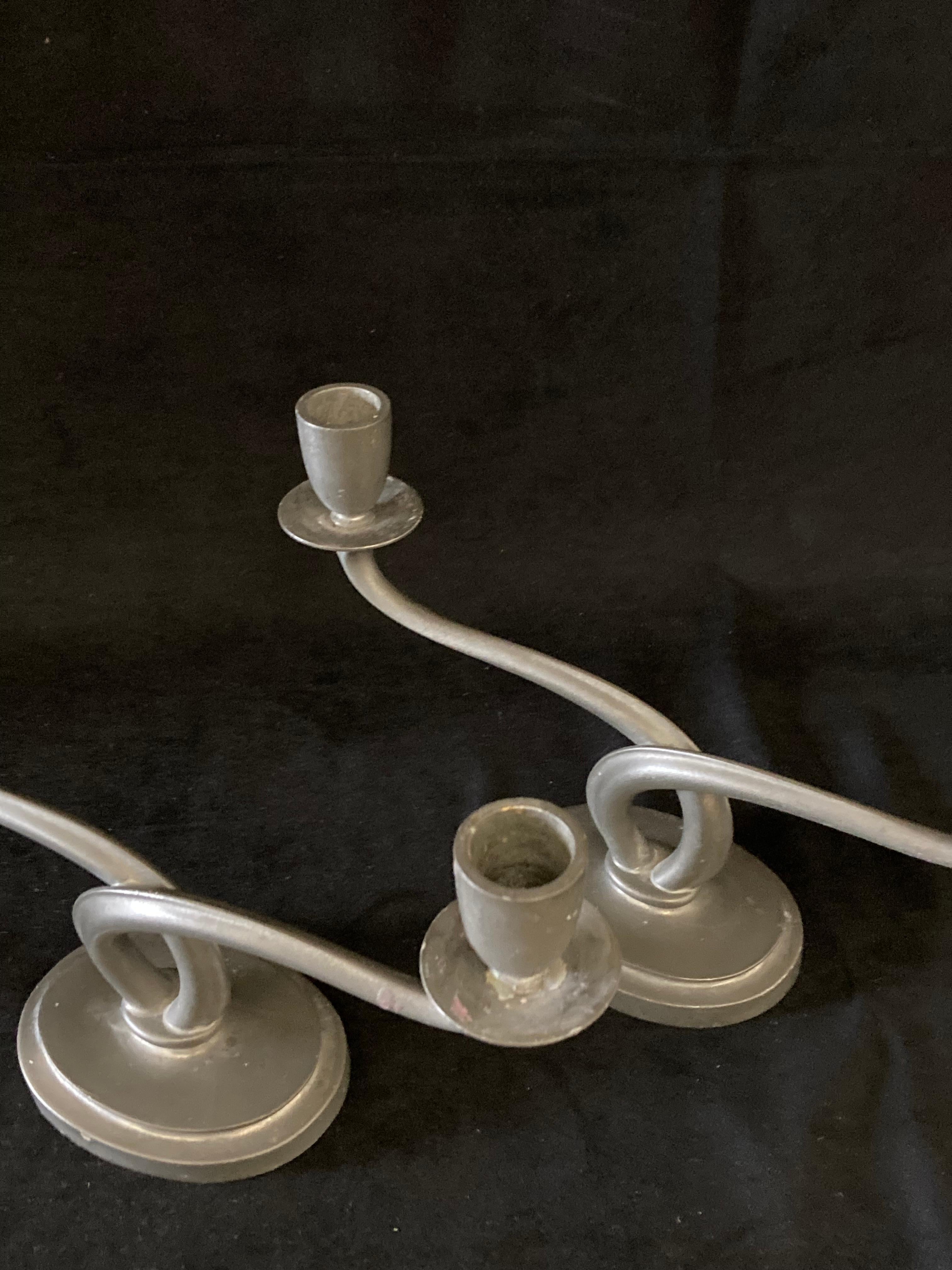 Pair of 1920s Arts and Crafts Pewter Candle Holders by Just Andersen, Denmark In Good Condition For Sale In London, GB