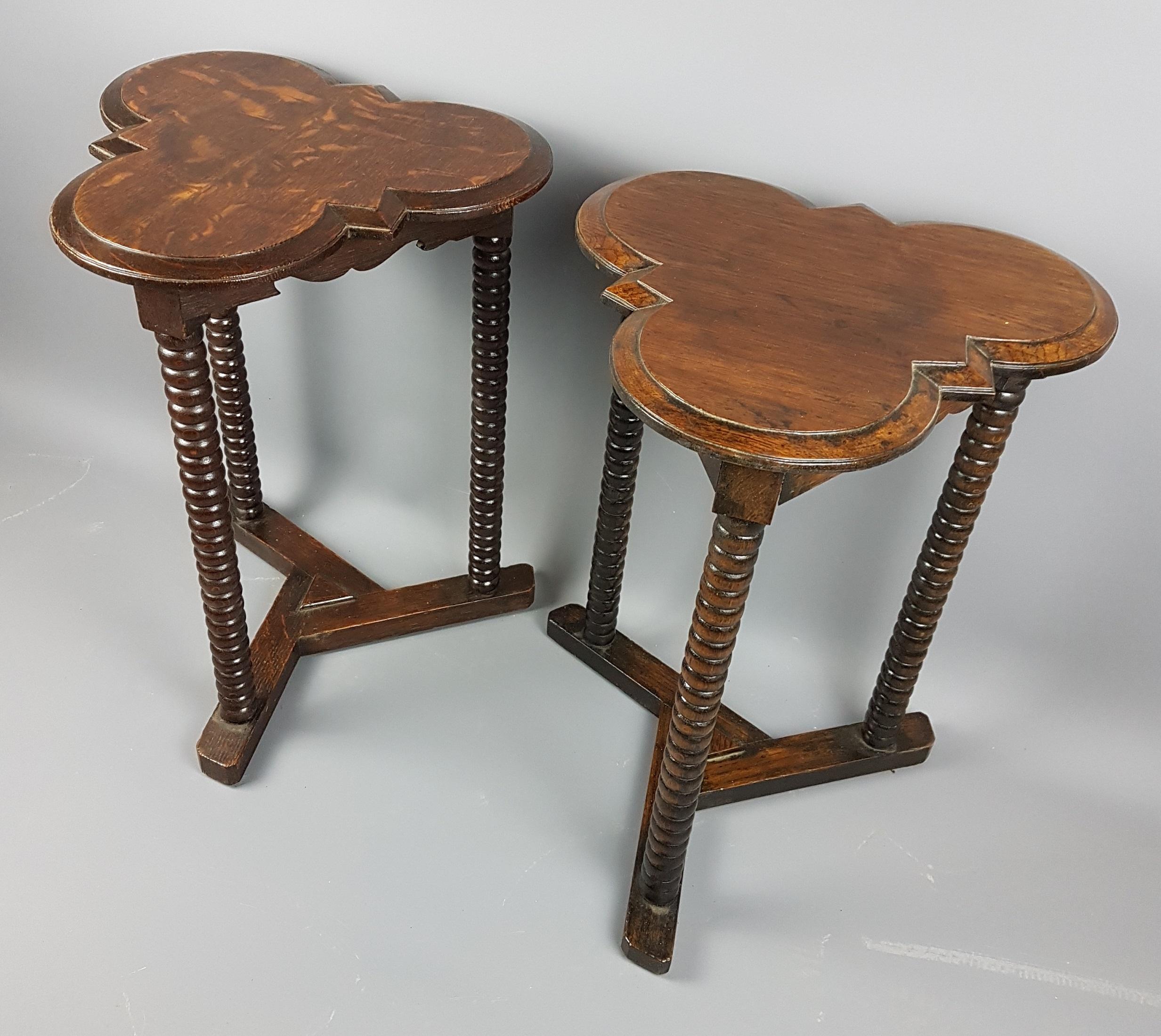 Polished Pair of 1920s Arts and Crafts Style Oak Bobbin Tables For Sale