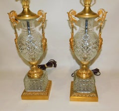 Pair of 1920s Austrian Diamond Pattern Cut Crystal Gilt Bronze Table Lamps