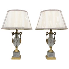 Pair of 1920s Austrian Diamond Pattern Cut Crystal Gilt Bronze Table Lamps