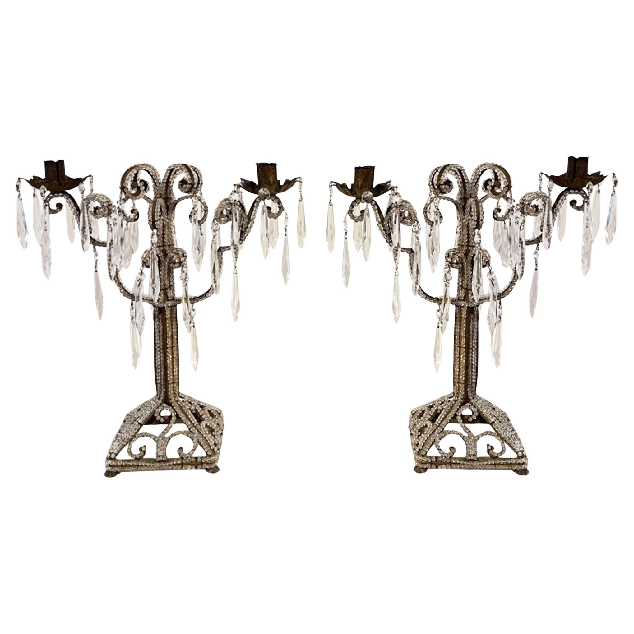 Paire de chandeliers italiens perlés des années 1920 transformés en lampes