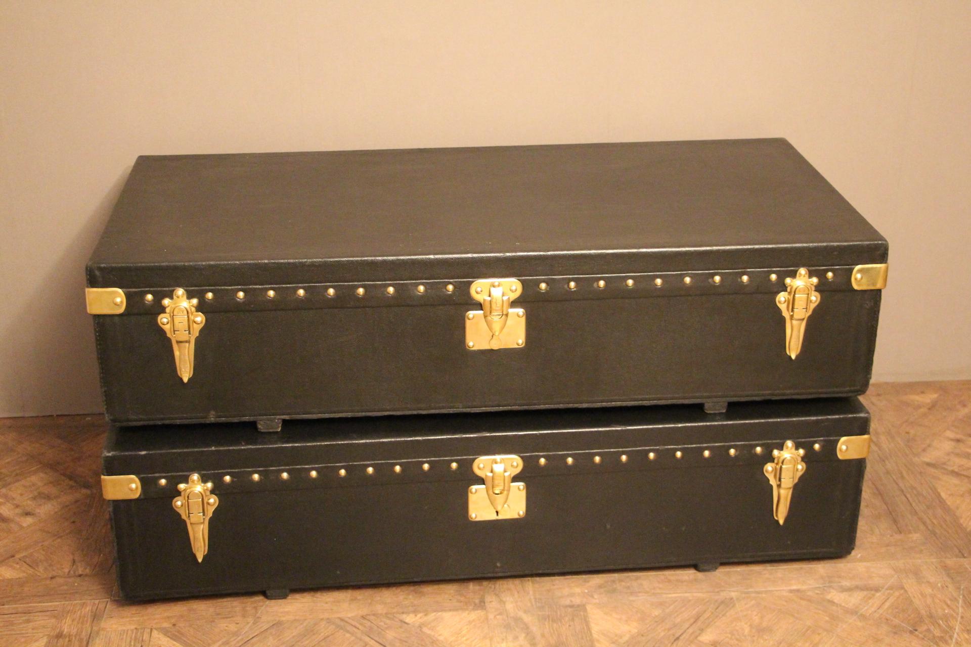 Beautiful and very unusual black waterproof canvas Louis Vuitton auto trunks featuring LV stamped solid brass locks and brass studs as well as brass side handles. No initials.
Beautiful patina. Each one has got one key.
Their interior is all