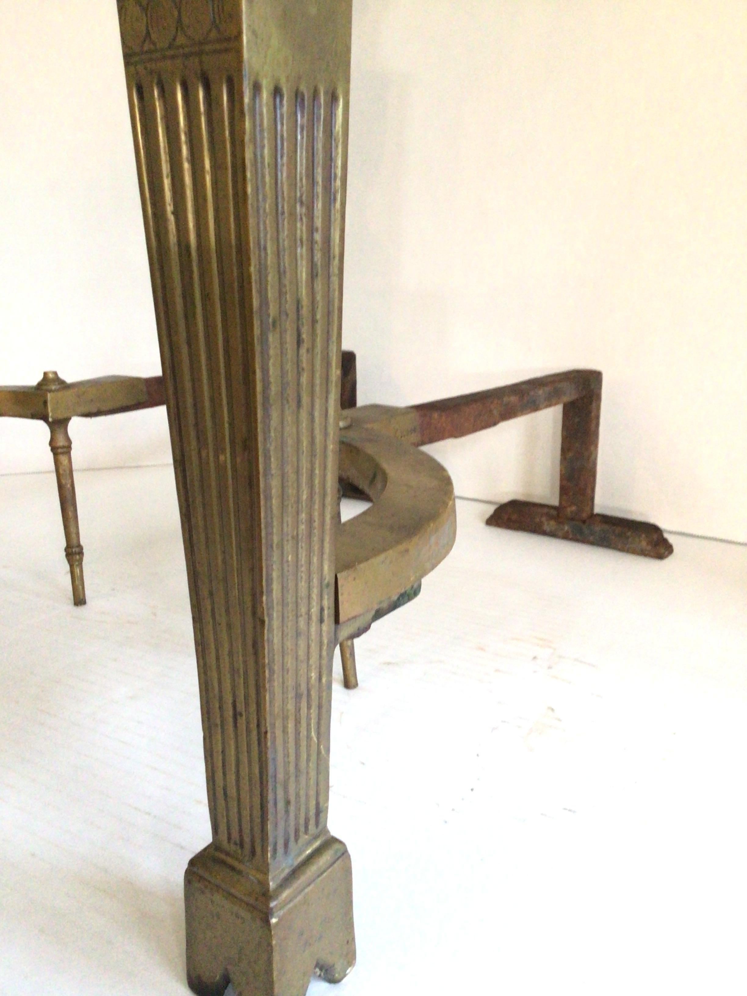 Cast Pair of 1920s Brass Andirons With Engraved Motifs For Sale
