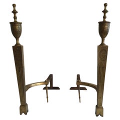 Antique Pair of 1920s Brass Andirons With Engraved Motifs