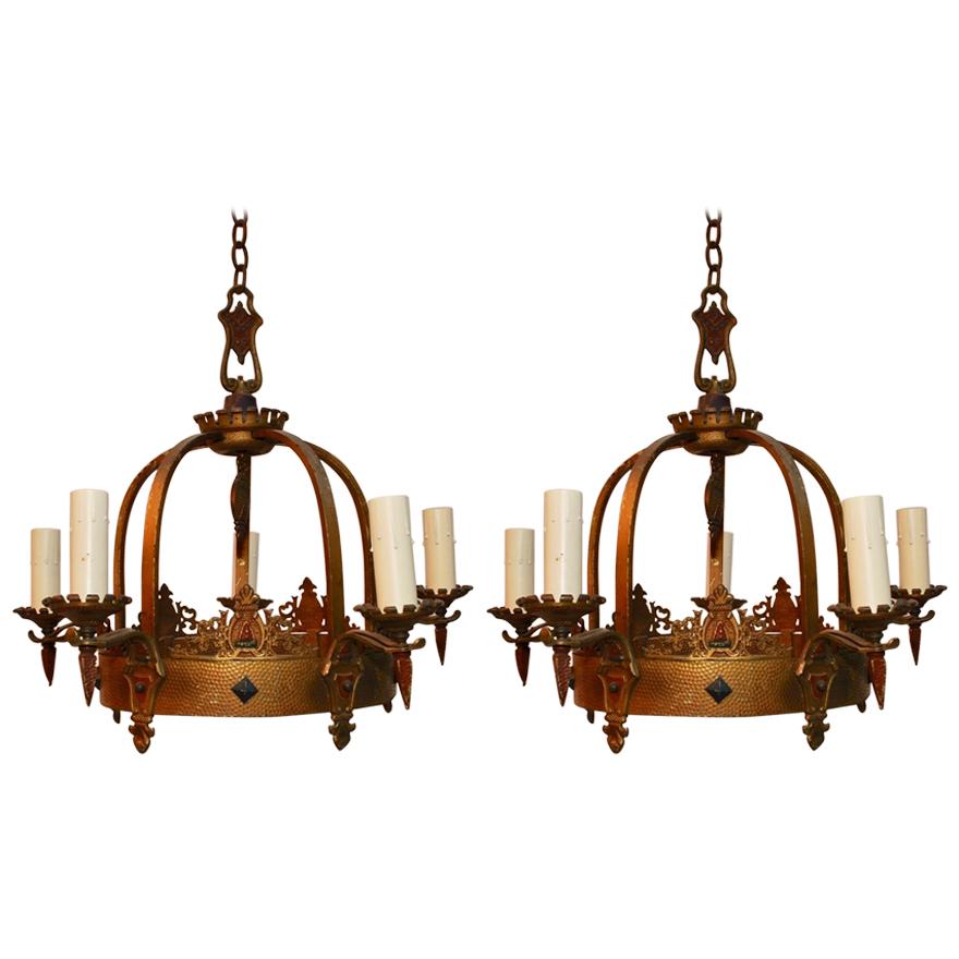 Pair of 1920s  Brass Chandeliers