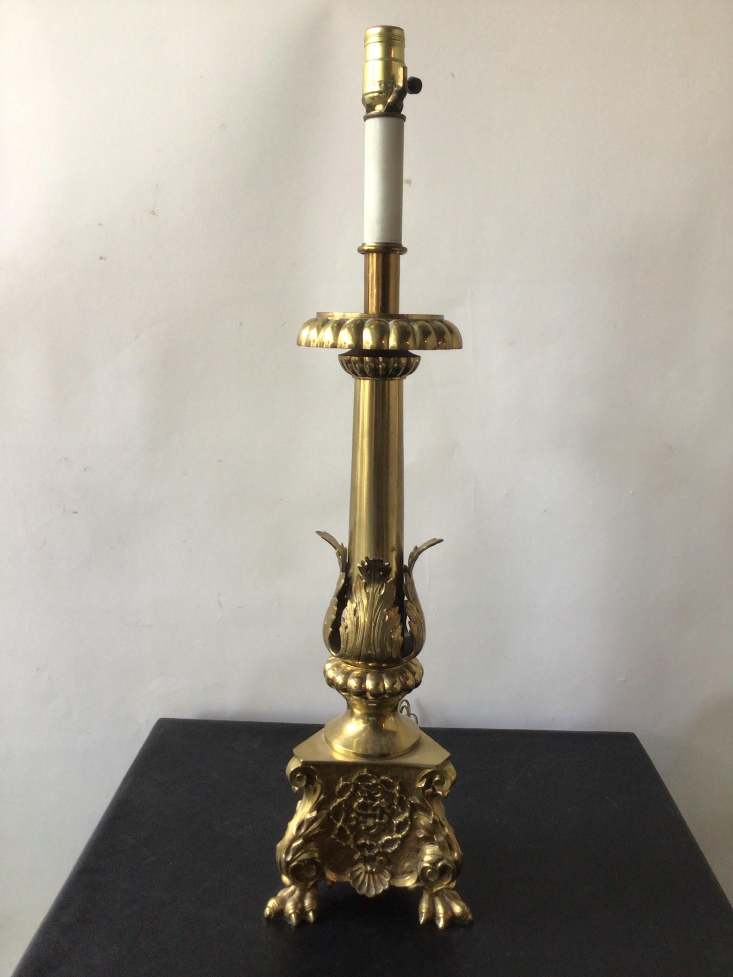 Pair of 1920s Brass Church Candlestick Lamps In Good Condition For Sale In Tarrytown, NY
