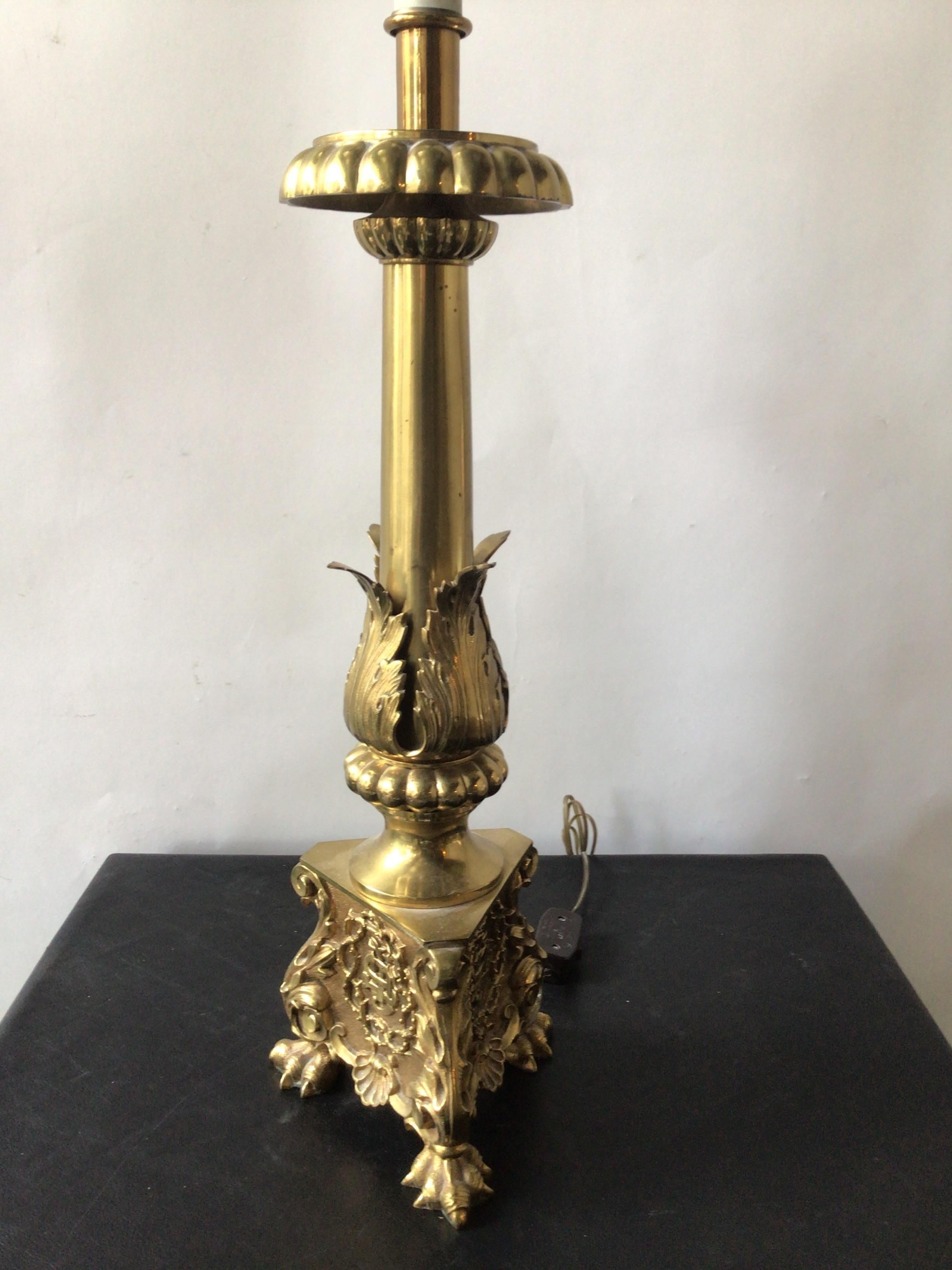 Early 20th Century Pair of 1920s Brass Church Candlestick Lamps For Sale