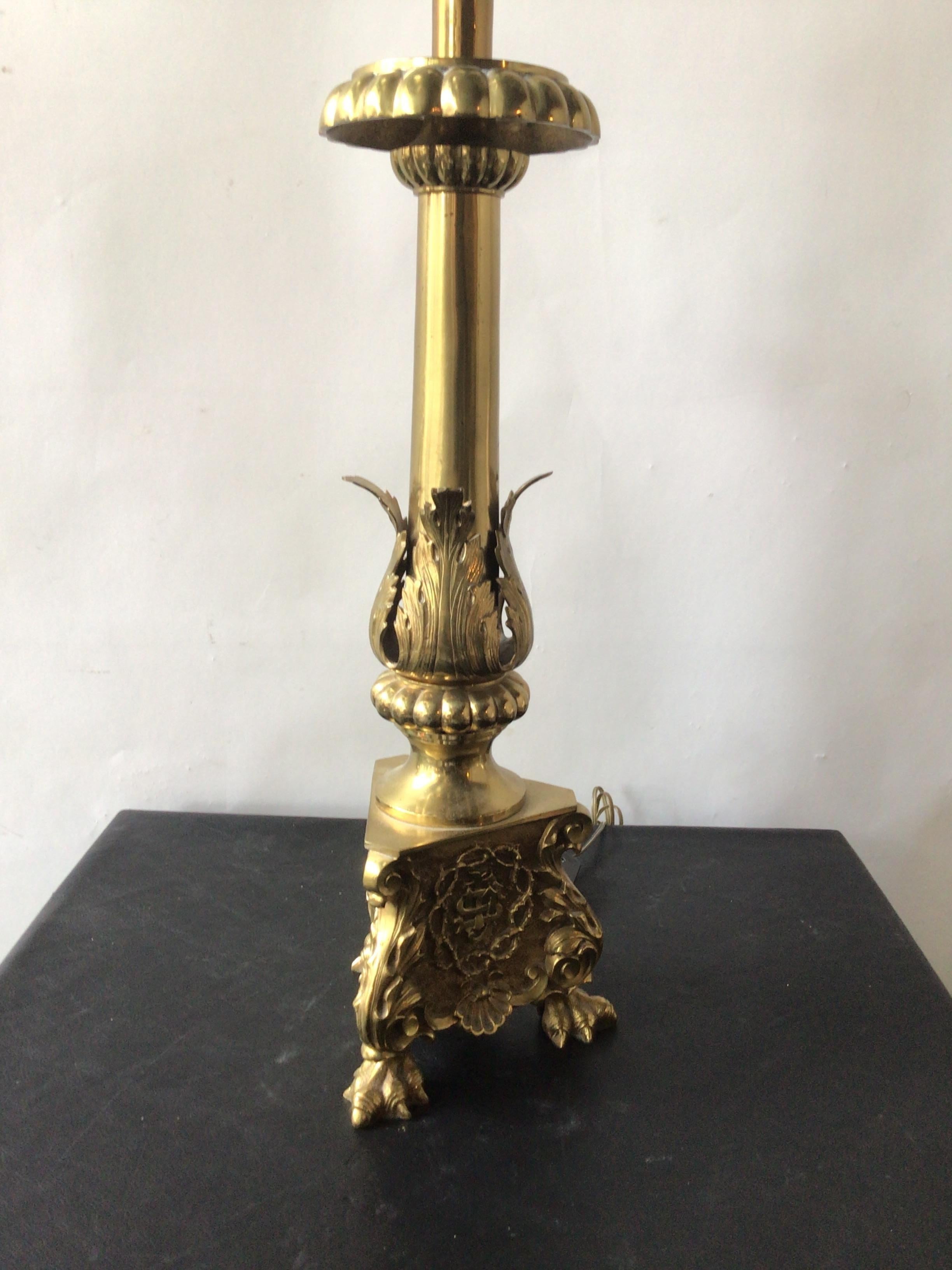 Pair of 1920s Brass Church Candlestick Lamps For Sale 1
