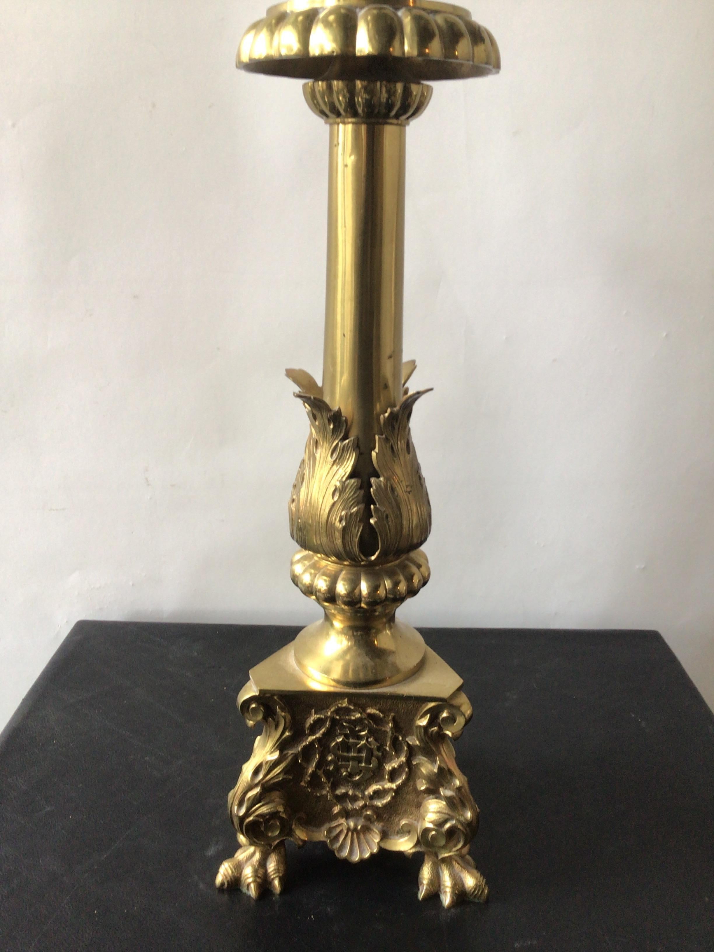 Pair of 1920s Brass Church Candlestick Lamps For Sale 2