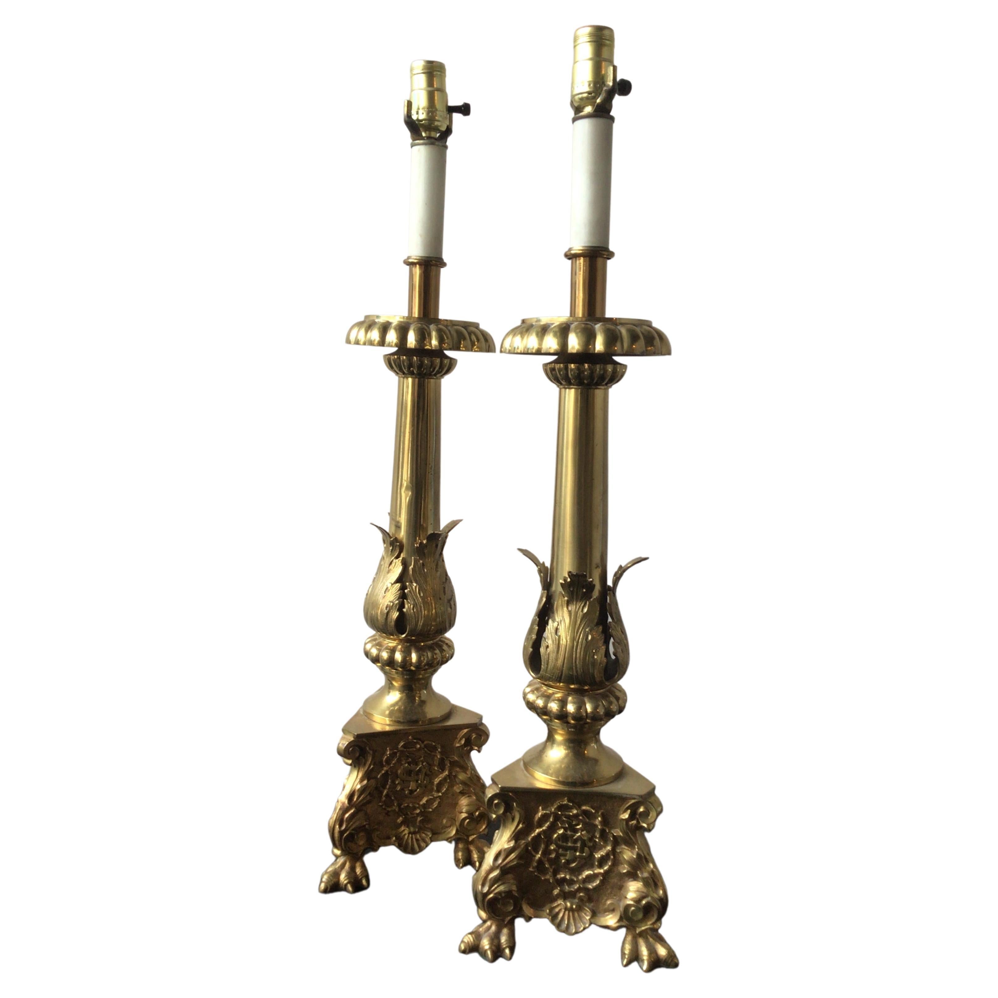 Pair of 1920s Brass Church Candlestick Lamps For Sale