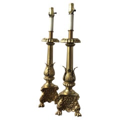 Used Pair of 1920s Brass Church Candlestick Lamps