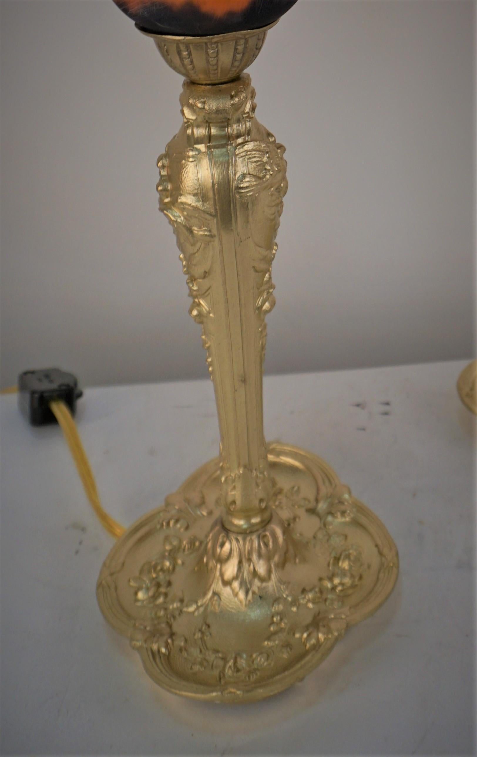 Pair of 1920's Bronze and Art Glass Table Lamps For Sale 3