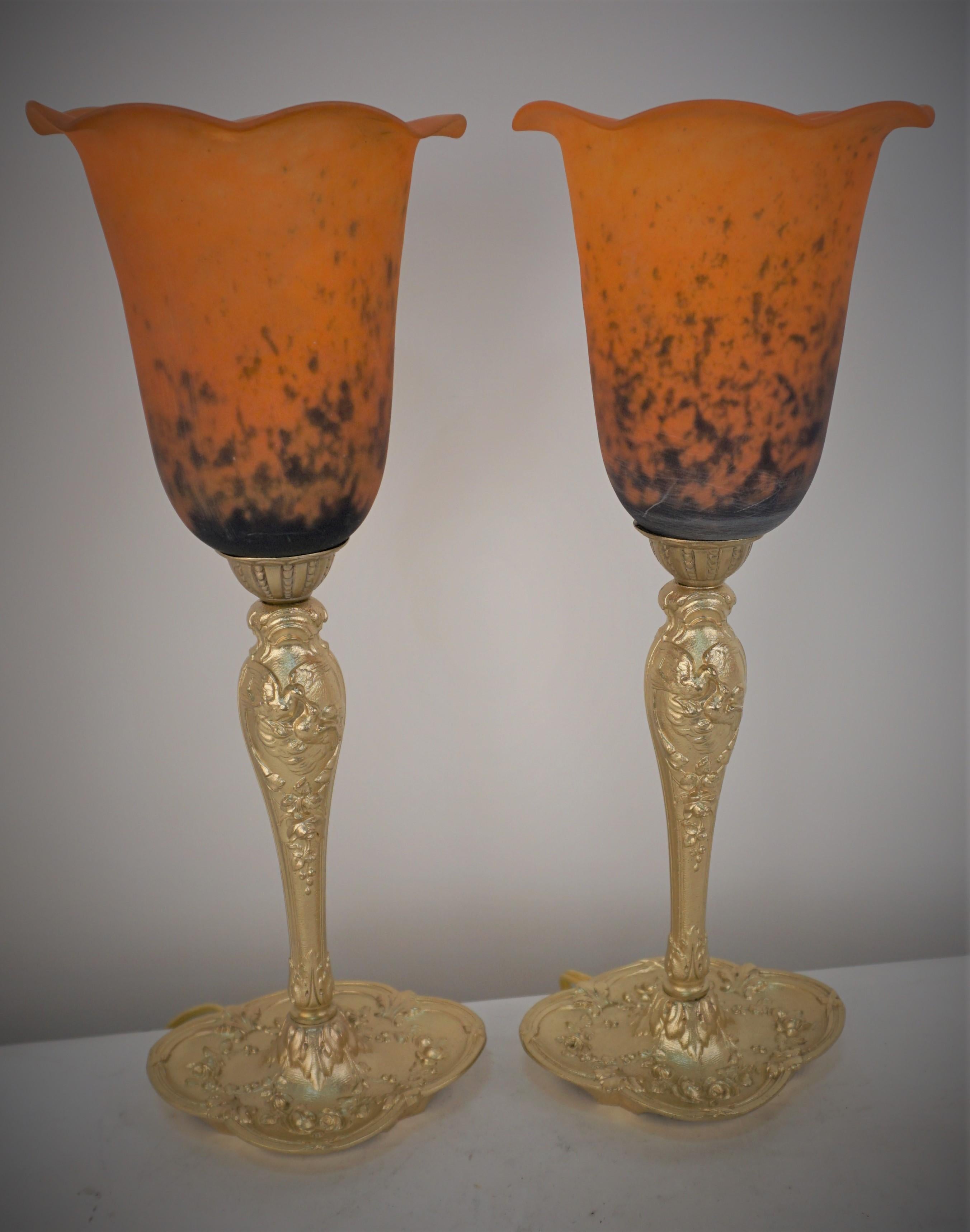 Pair of 1920's Bronze and Art Glass Table Lamps For Sale 4