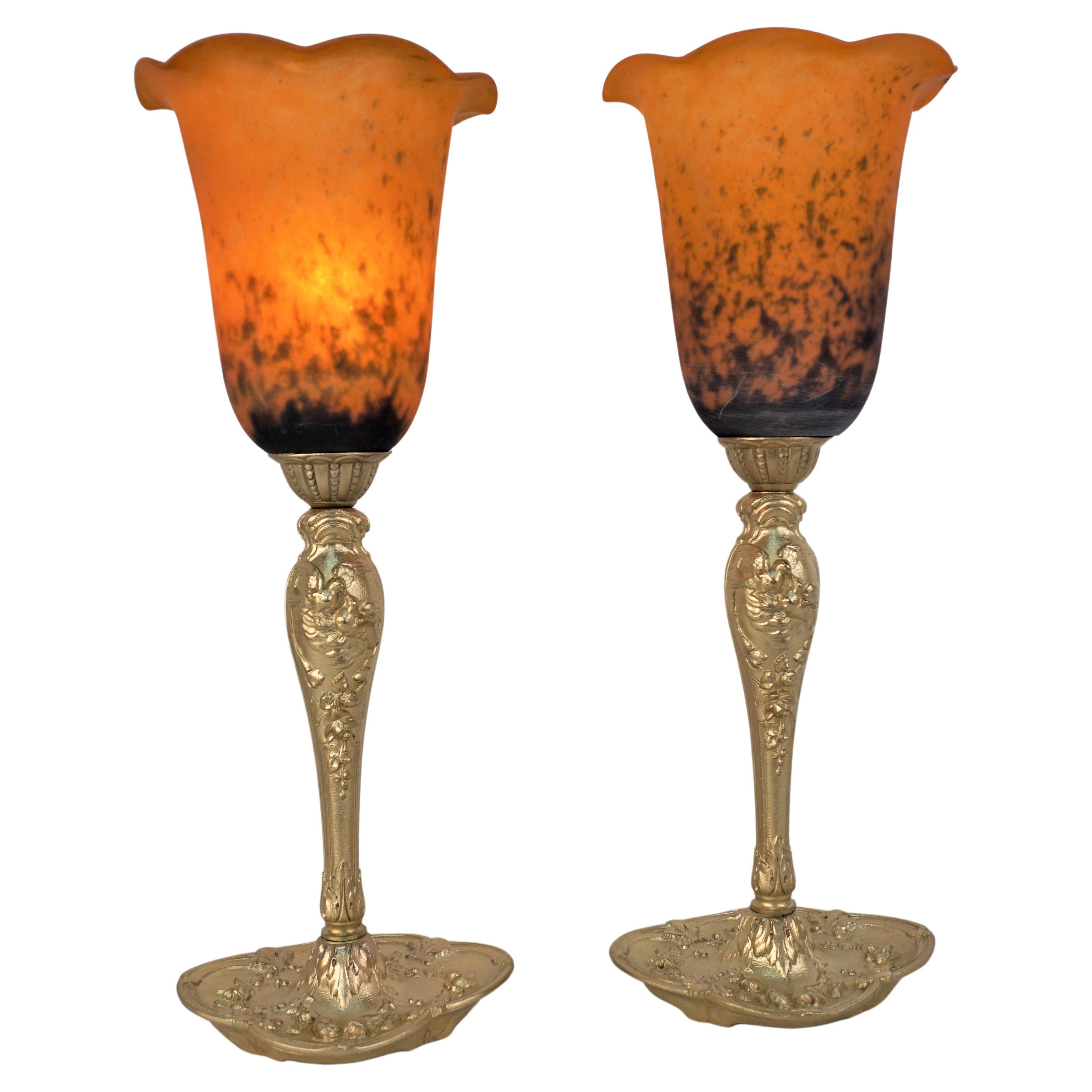 Pair of 1920's Bronze and Art Glass Table Lamps For Sale