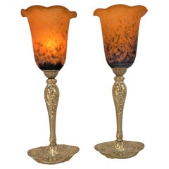 Antique Pair of 1920's Bronze and Art Glass Table Lamps