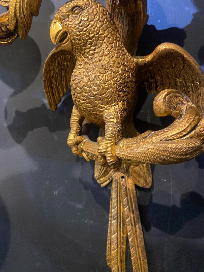 French Provincial Pair of 1920's Bronze Bagues Parrots Sconces For Sale
