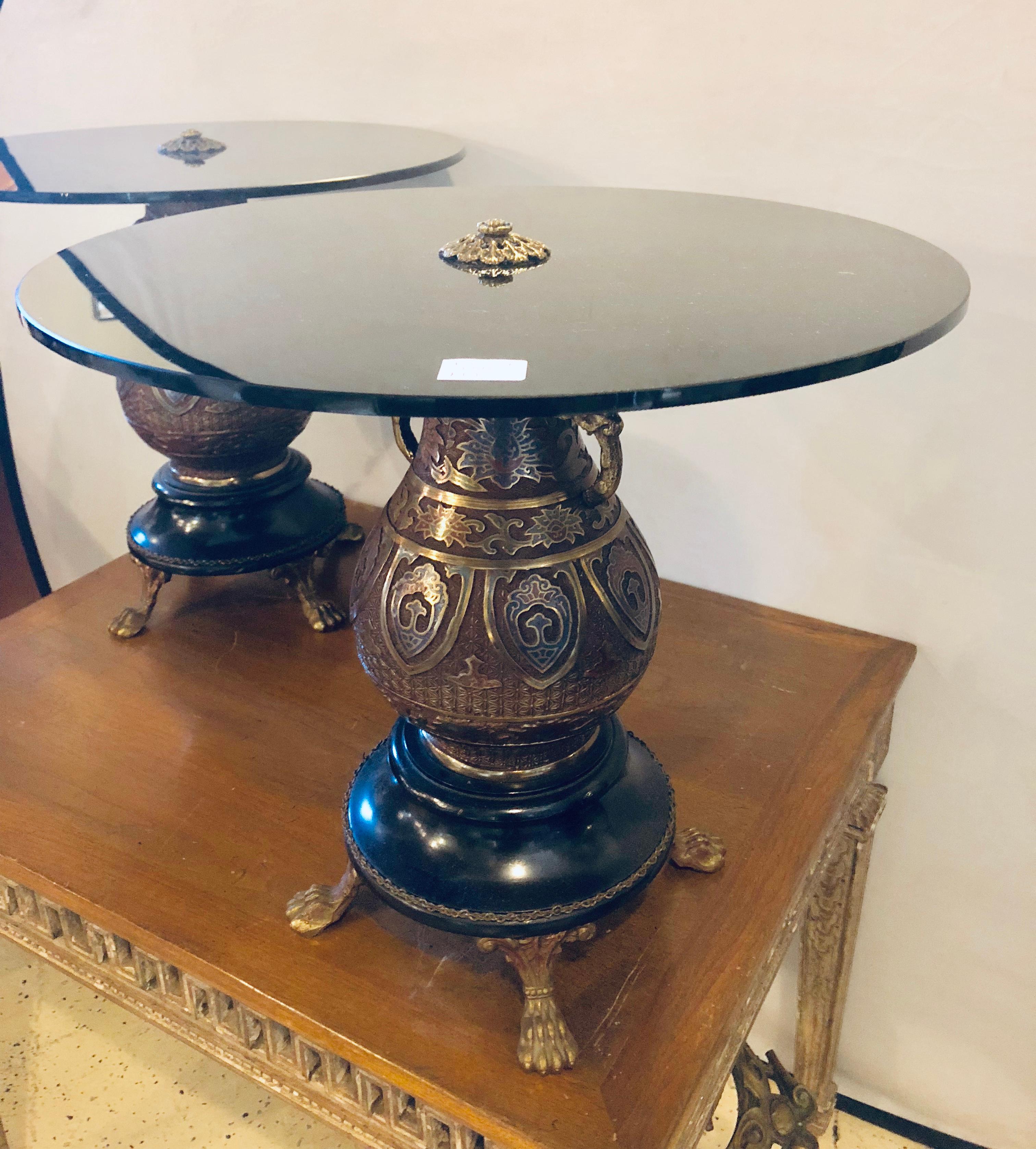 Chinoiserie Pair of 1920s Bronze Urn Form Glass Top End or Pedestal Tables