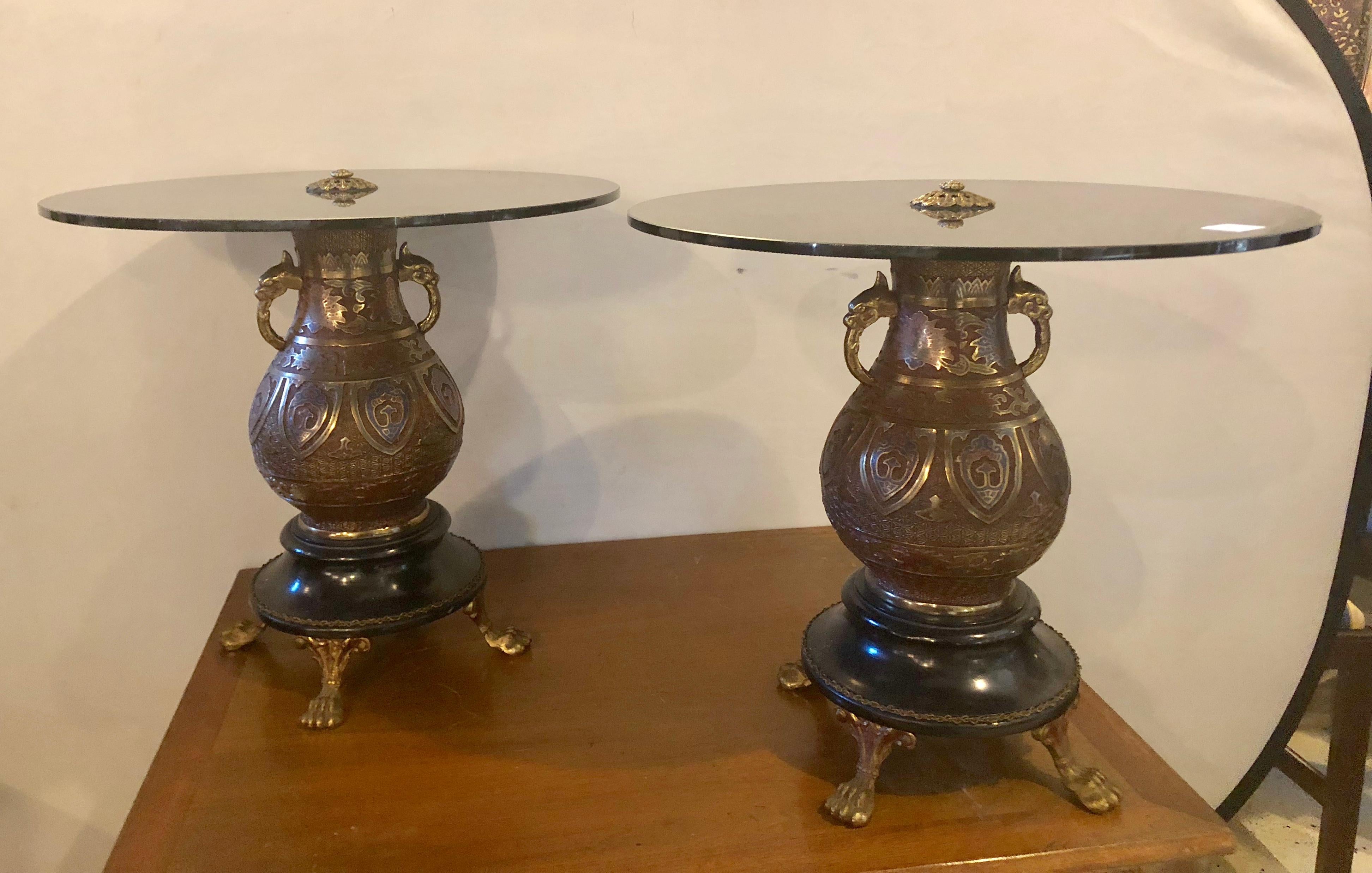 Chinese Pair of 1920s Bronze Urn Form Glass Top End or Pedestal Tables
