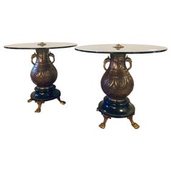 Retro Pair of 1920s Bronze Urn Form Glass Top End or Pedestal Tables