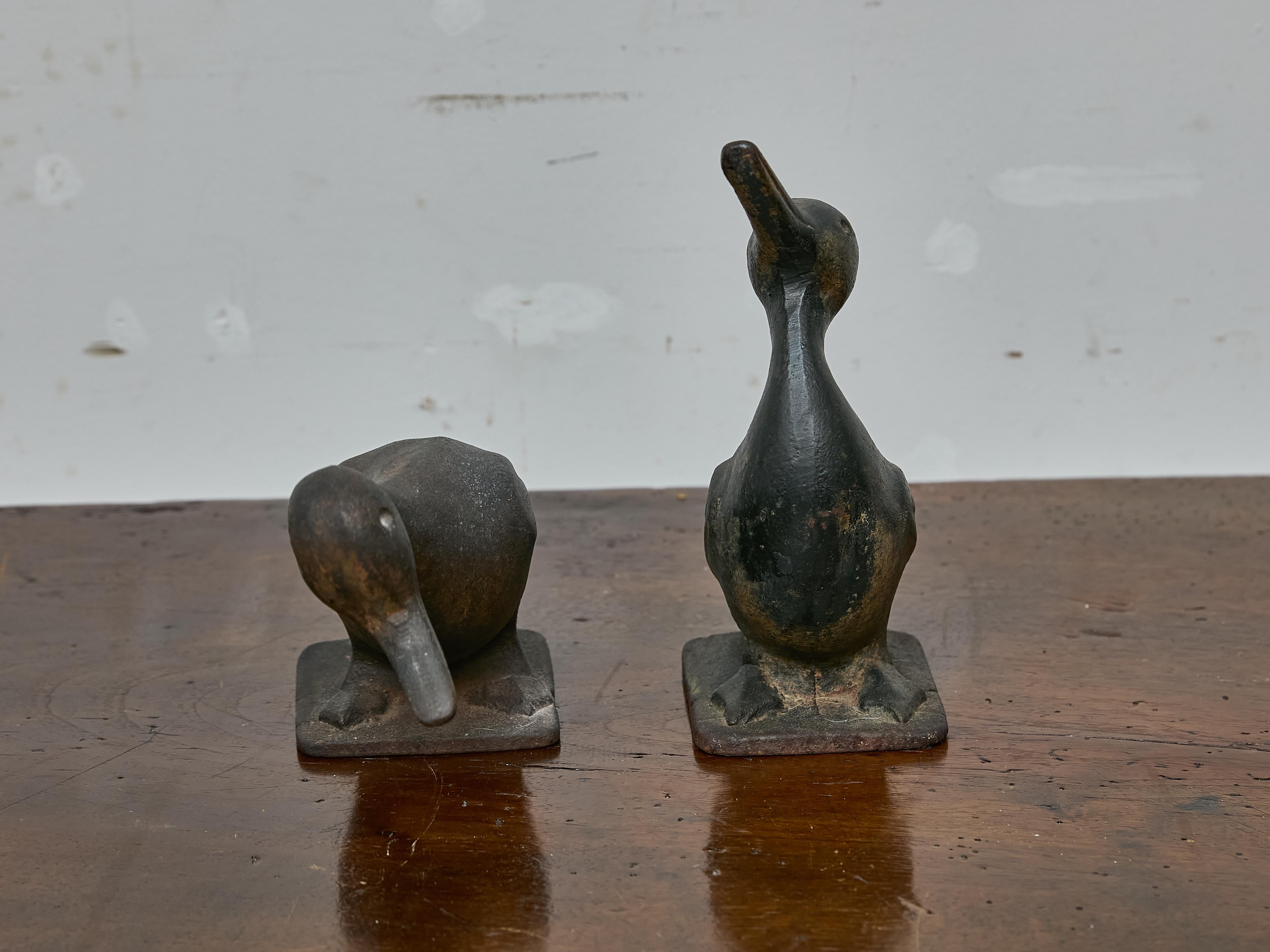 Paar gusseiserne Entenfiguren aus den 1920er Jahren mit volkstümlichem Charme und patiniertem Finish (Volkskunst) im Angebot