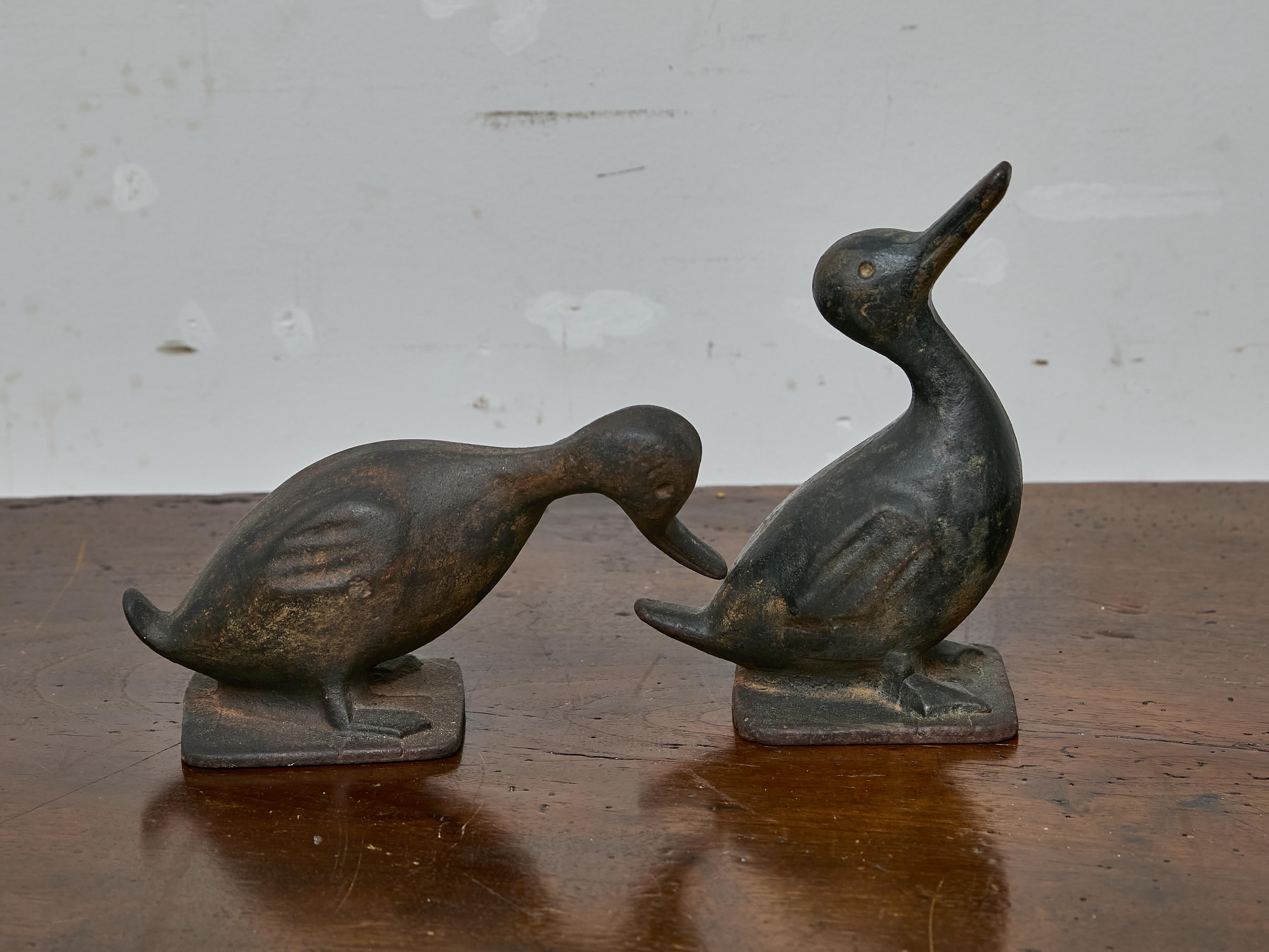 Paar gusseiserne Entenfiguren aus den 1920er Jahren mit volkstümlichem Charme und patiniertem Finish (Gegossen) im Angebot
