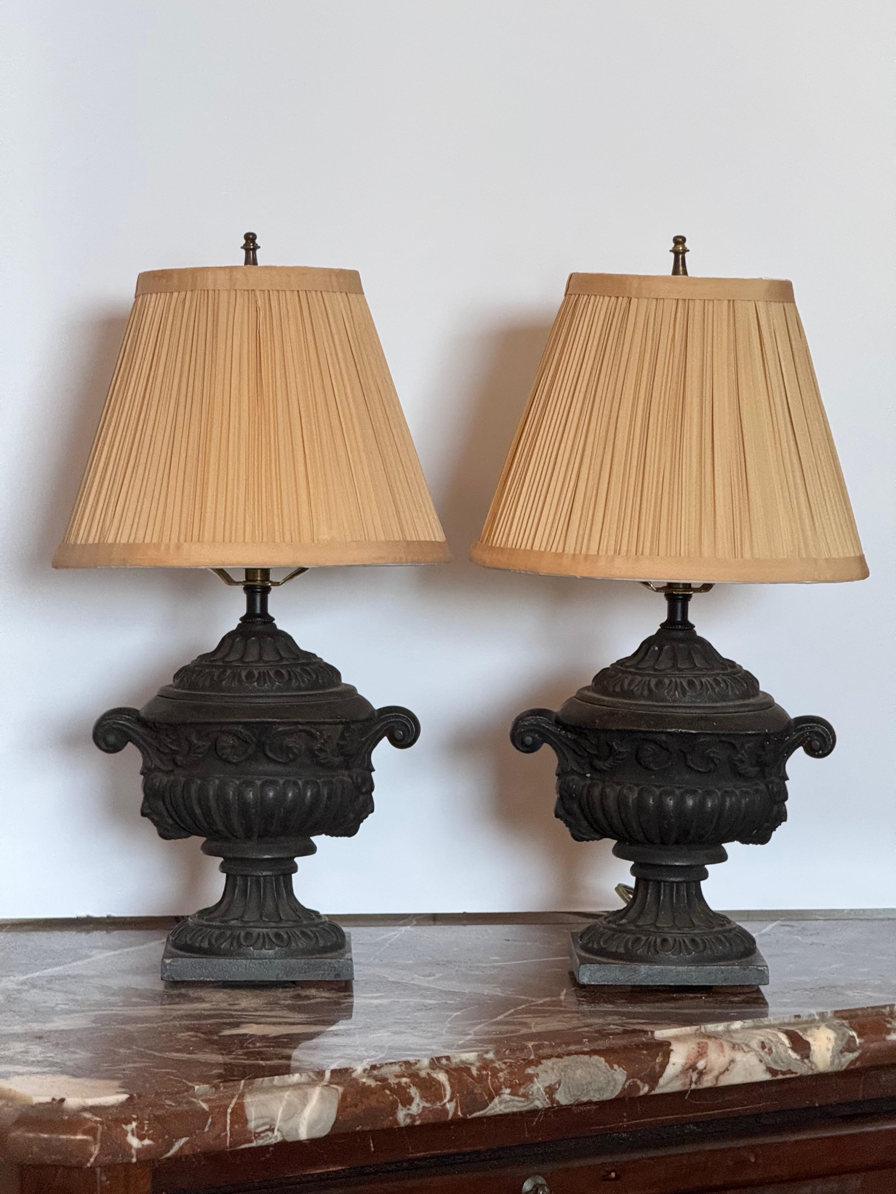 British Pair of 1920s Cast Iron Urn-Form Table Lamps For Sale